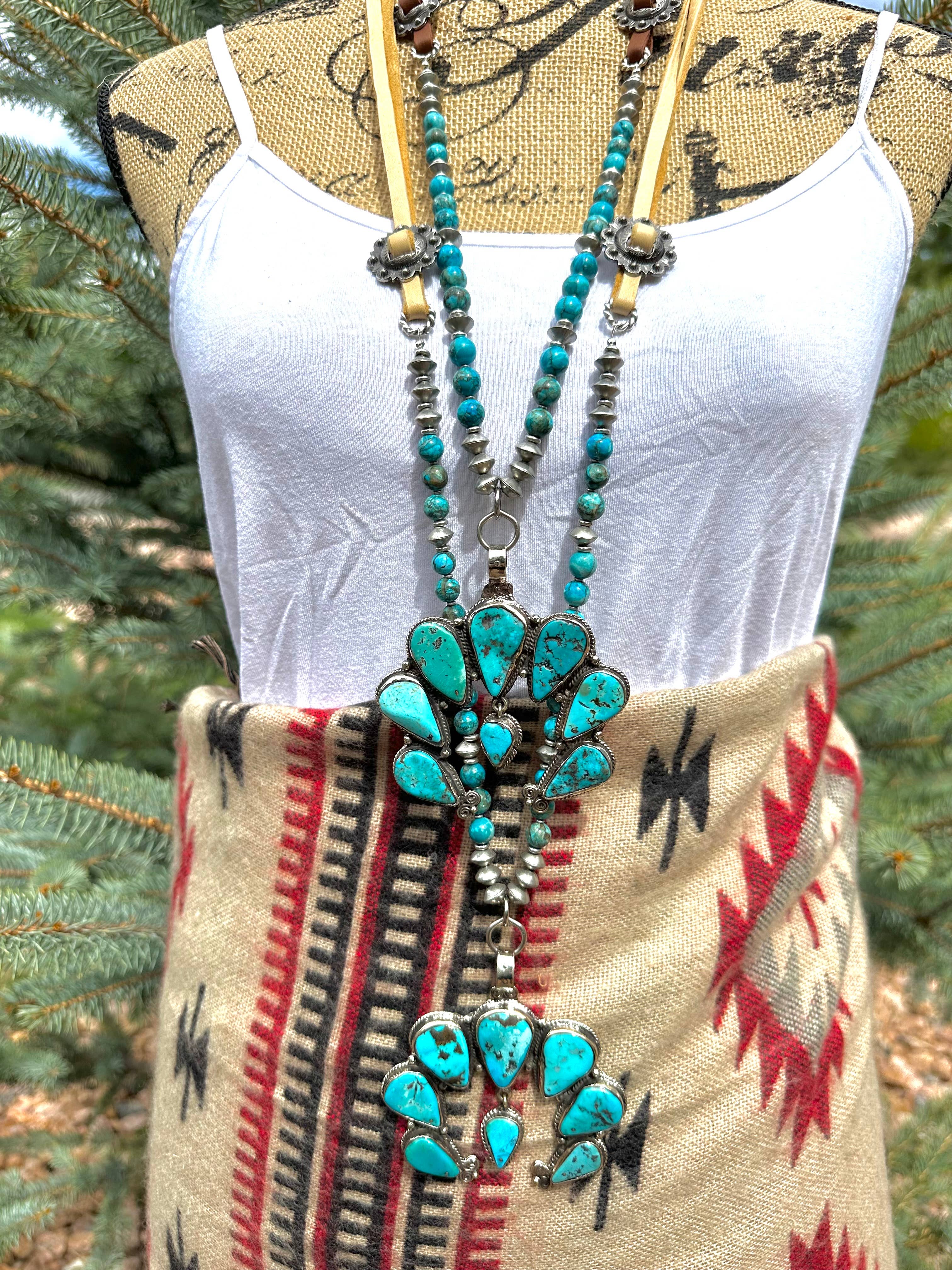 Adjustable Squash Blossom Necklace, Natural Blue Turquoise