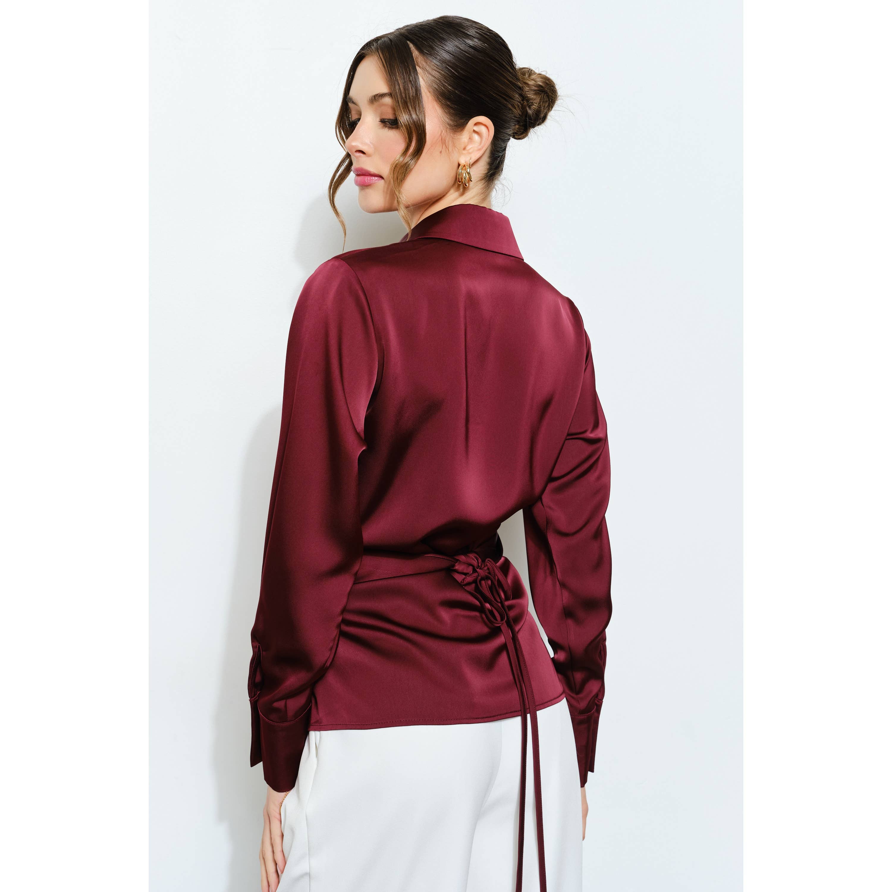 Long Sleeve Satin Wrap Waist Blouse