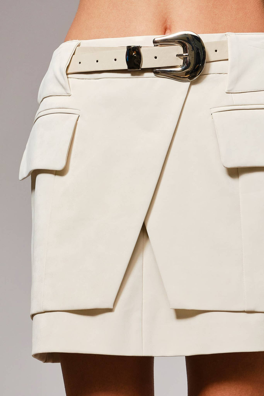 Faux Leather Wrap Front Metal Buckle Belted Skirt