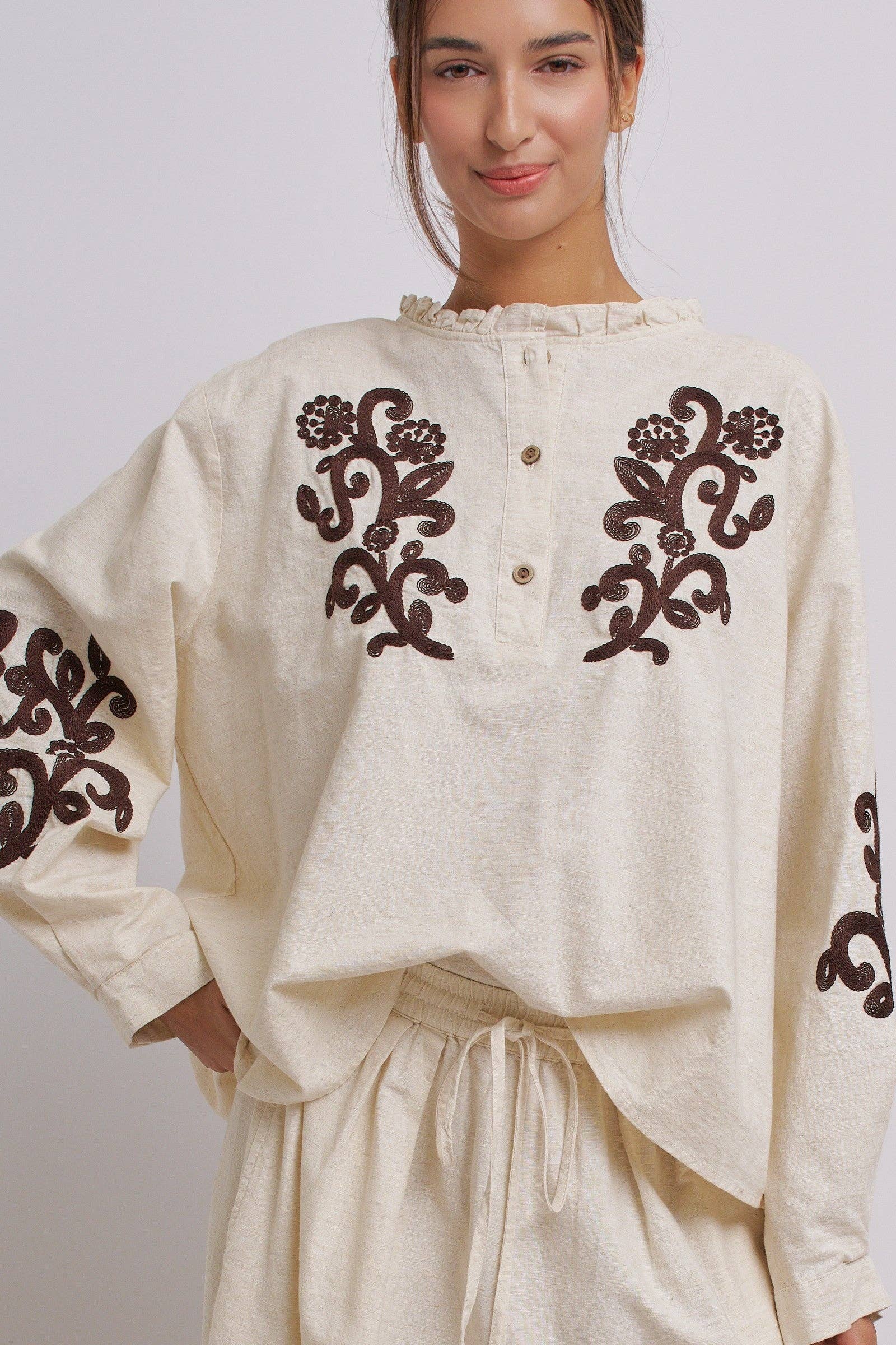 Embroidered Cotton Linen Blouse With Ruffle Collar