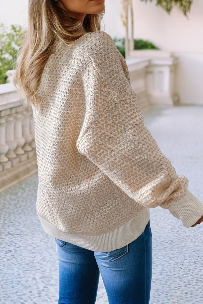 Ribbed Detail Henley Button Drop Shoulder Sweater