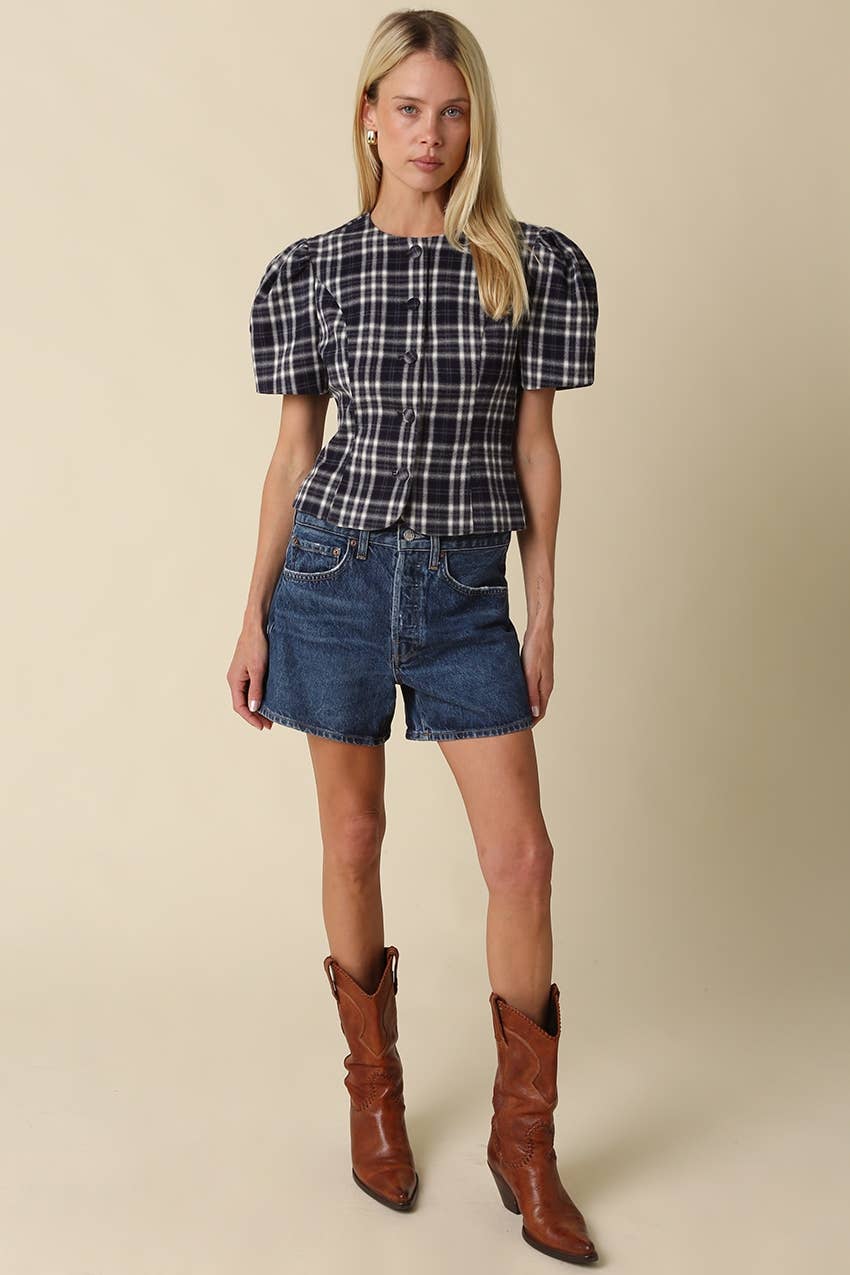 Claudia Plaid Puff Sleeve Blouse