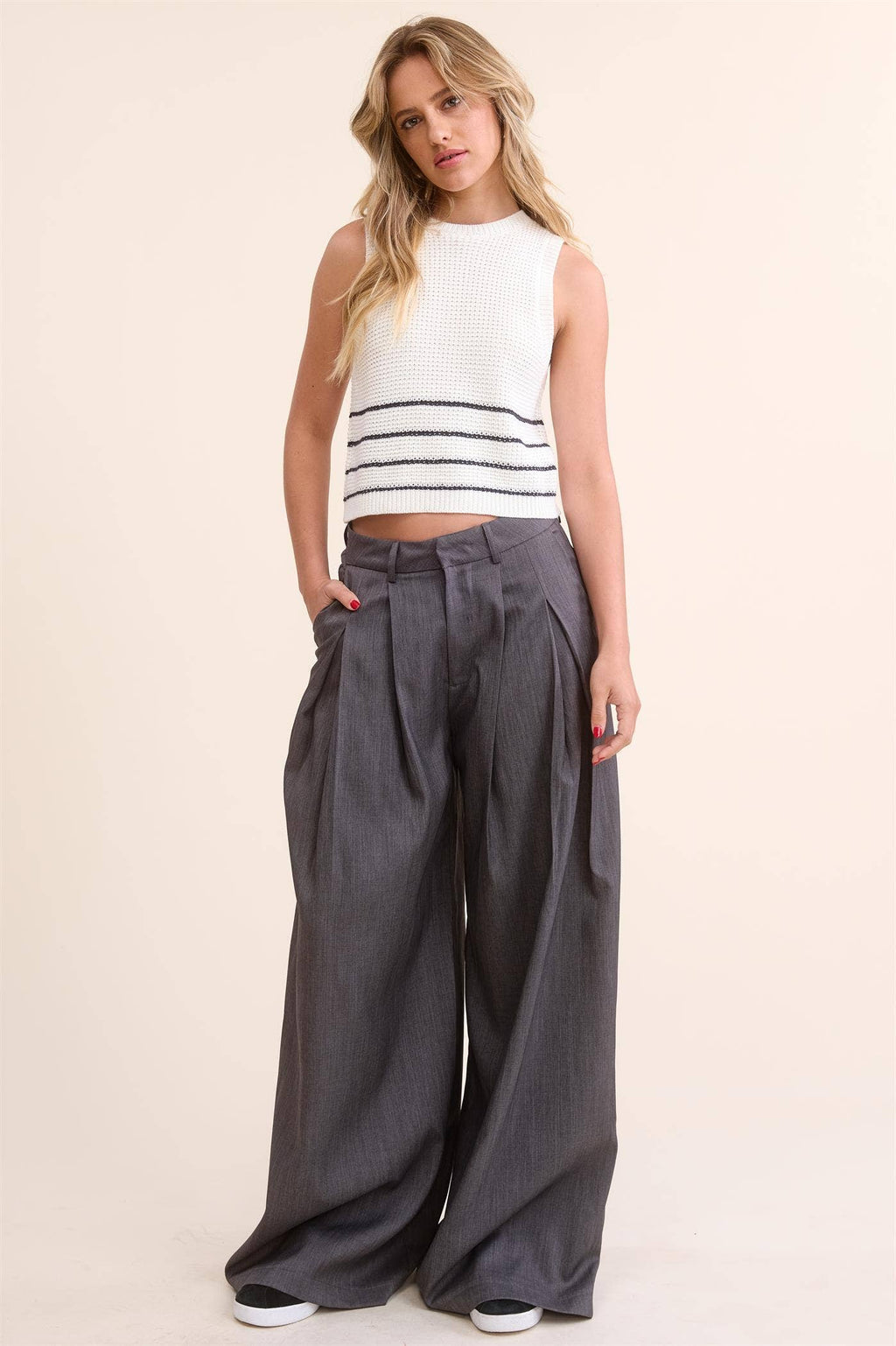 Trendy Low Waist  Wide Leg Pleated Trouser Pants