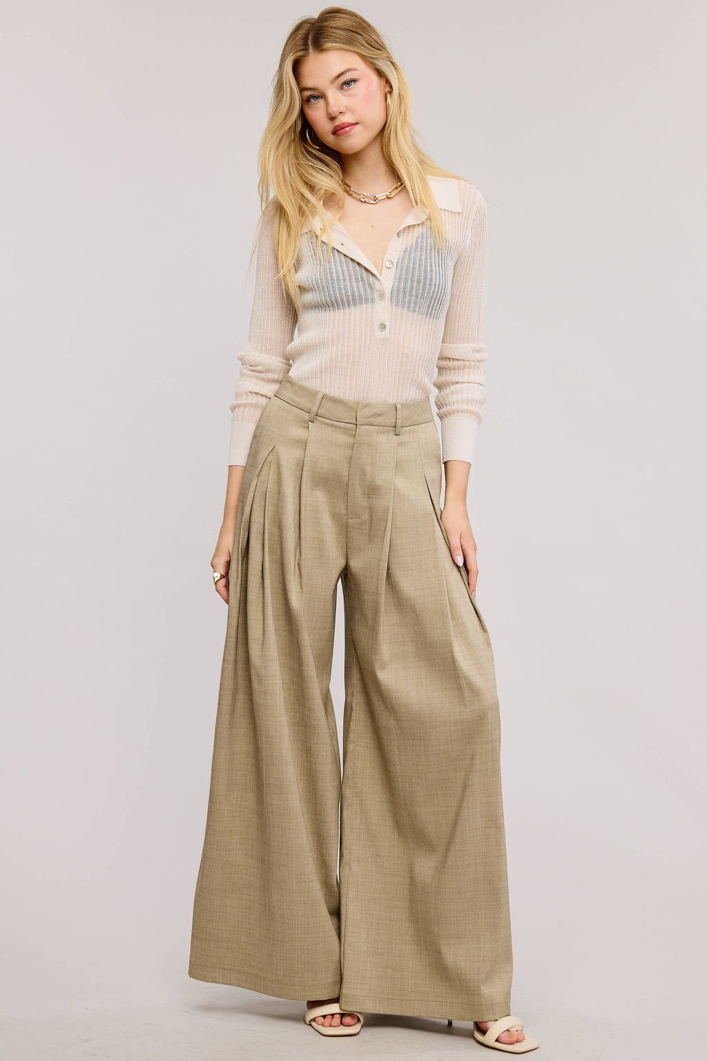 Trendy Low Waist  Wide Leg Pleated Trouser Pants