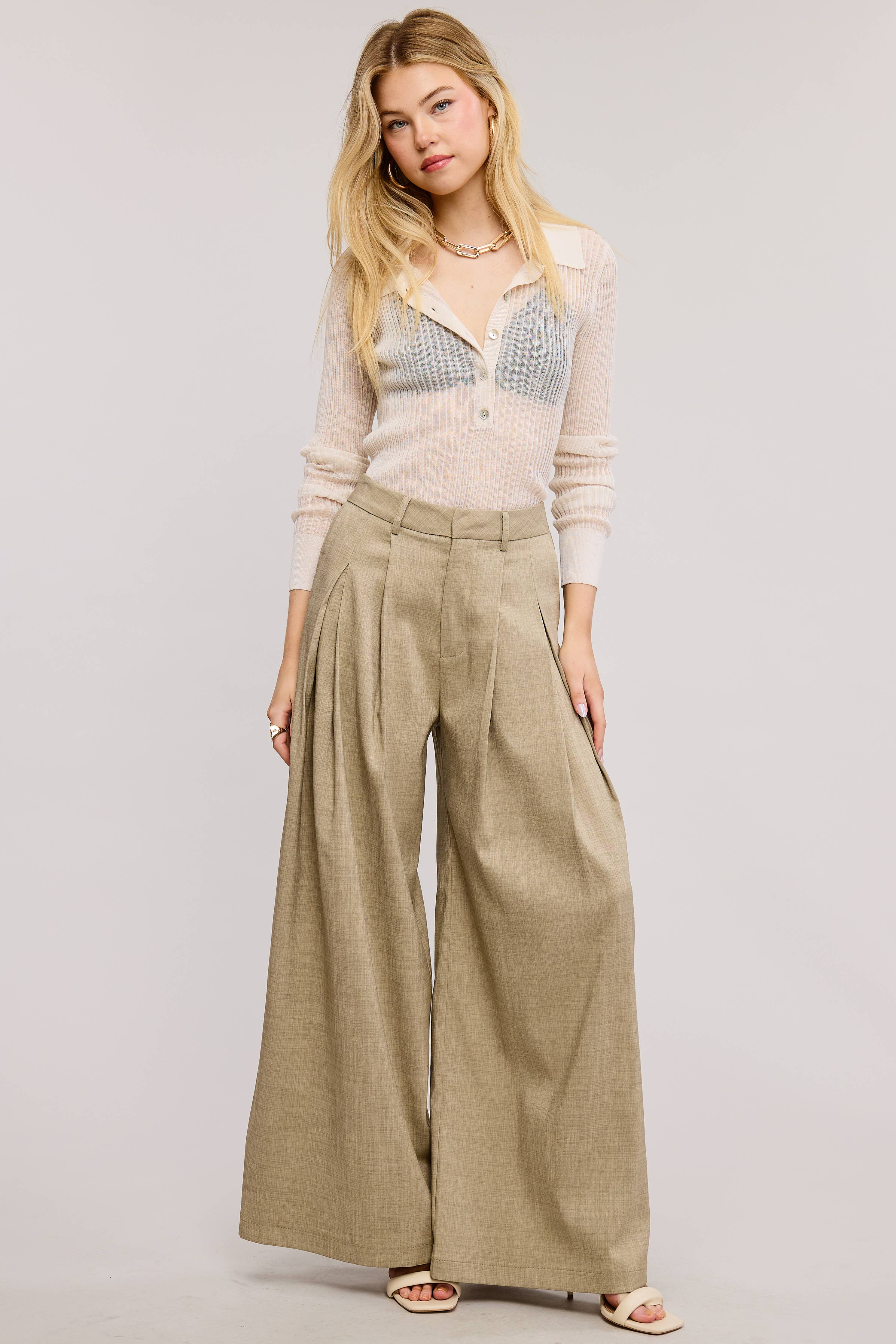 Trendy Low Waist  Wide Leg Pleated Trouser Pants