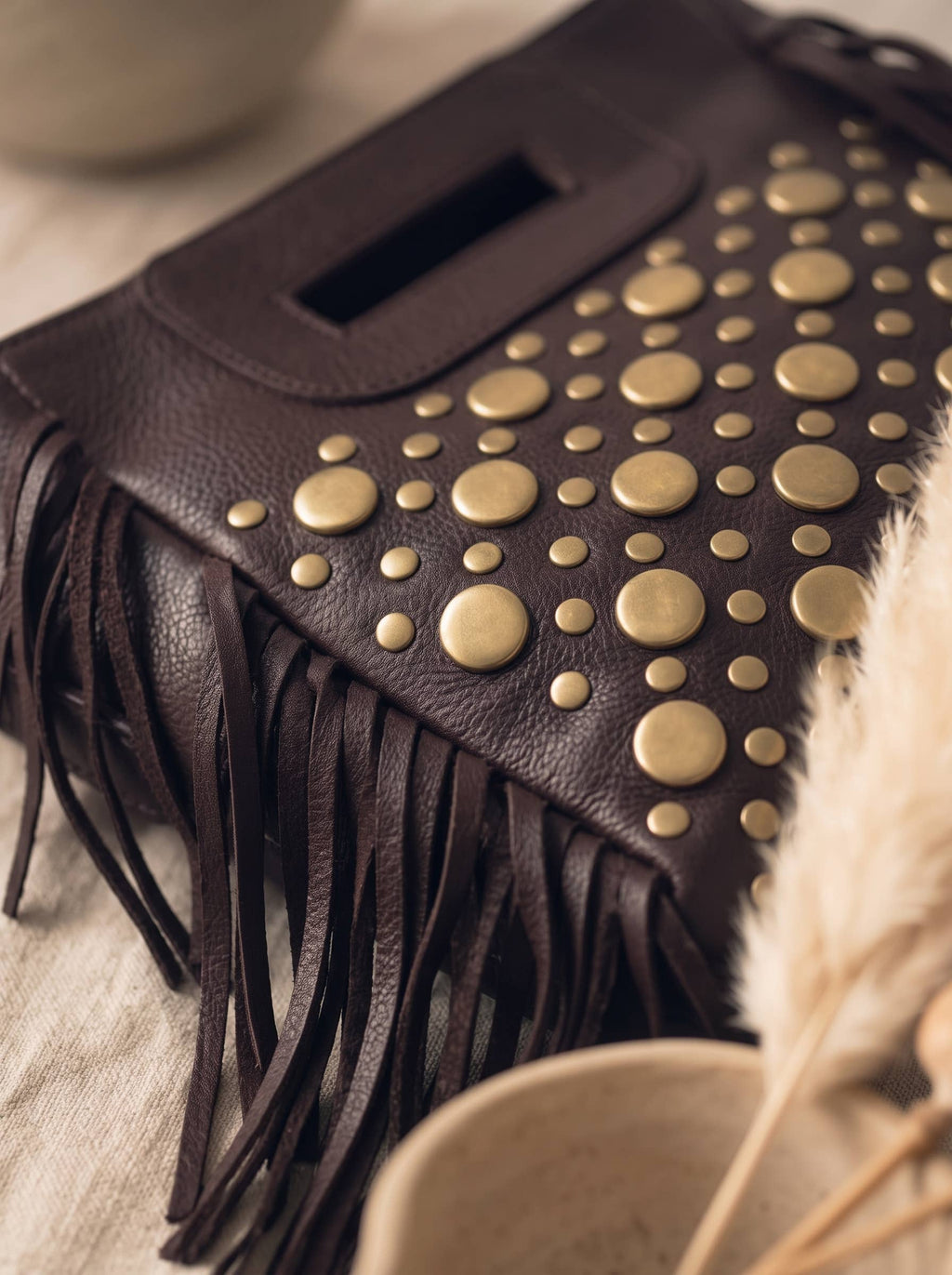 Studded Fringe, Genuine Leather Dark Brown