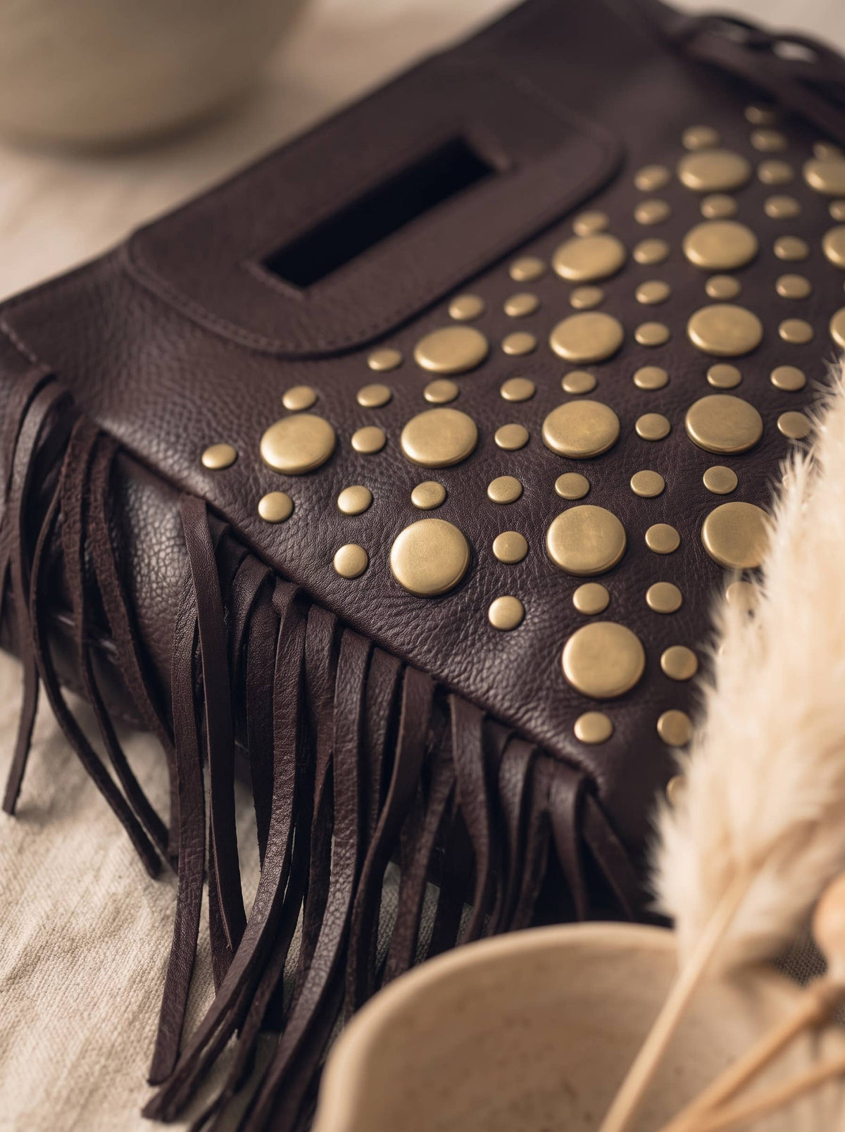 Studded Fringe, Genuine Leather Dark Brown