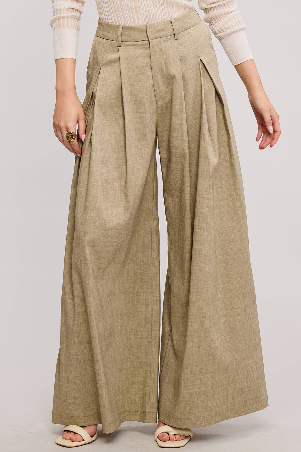 Trendy Low Waist  Wide Leg Pleated Trouser Pants
