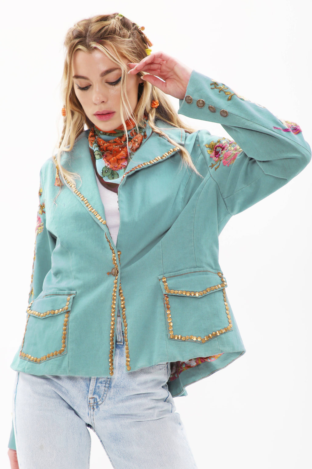 Time to Shine Blazer - Blue | Studded Floral Denim Jacket
