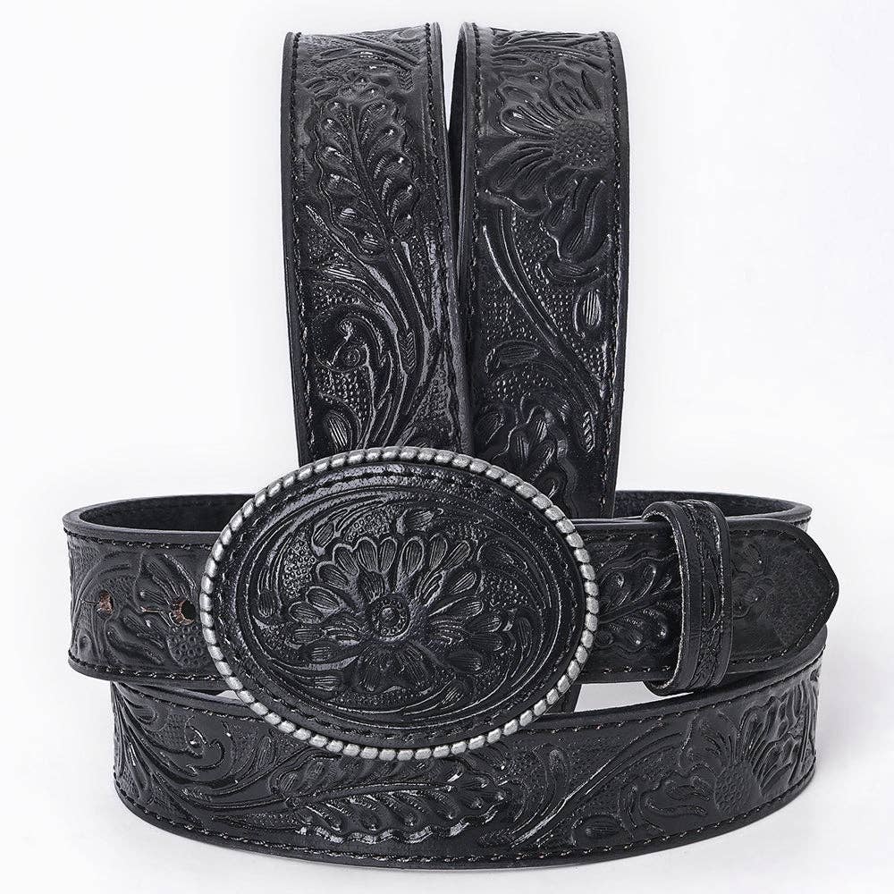 Hand-Tooled Black Floral Leather Belt