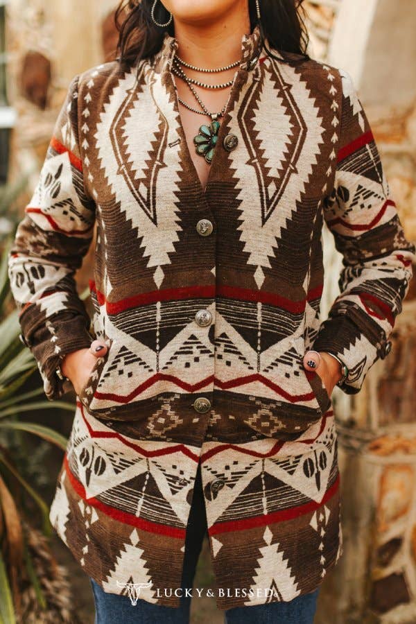 Brown Cream Aztec Printed Button Down Coat