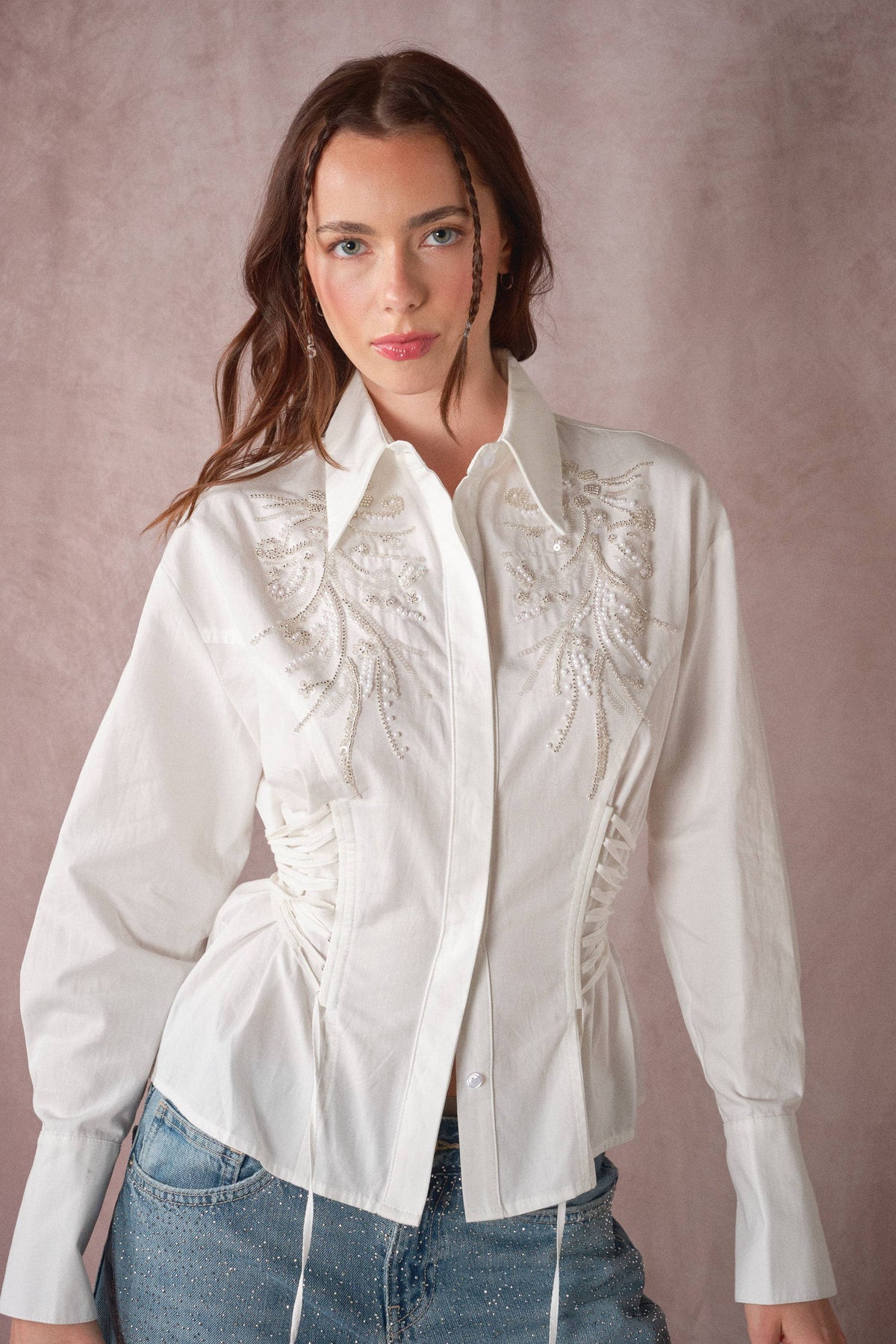 Beaded Embroidery Waist Tie Shirt