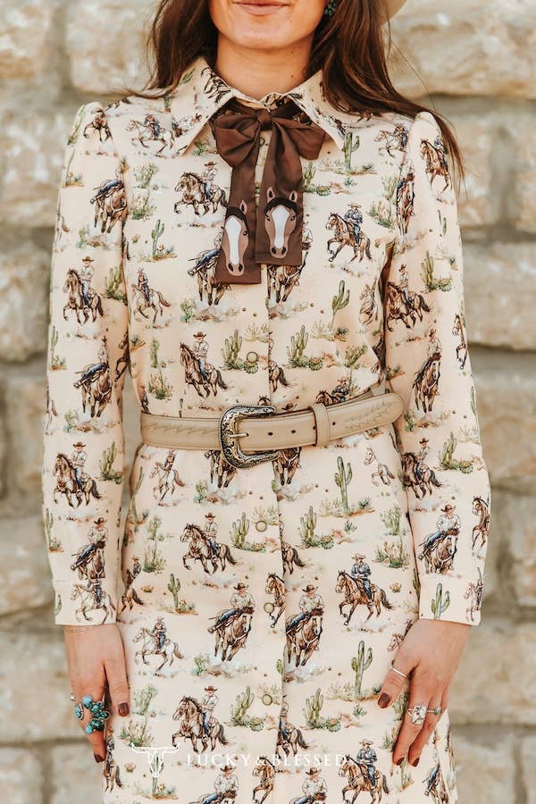 Cream Western Puff Sleeve Embroidered Bow Dress