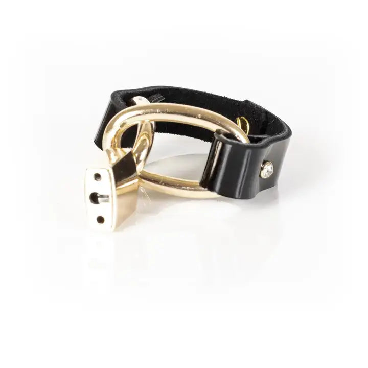 Black Leather Bracelet with Gold Lock & Chain Accent