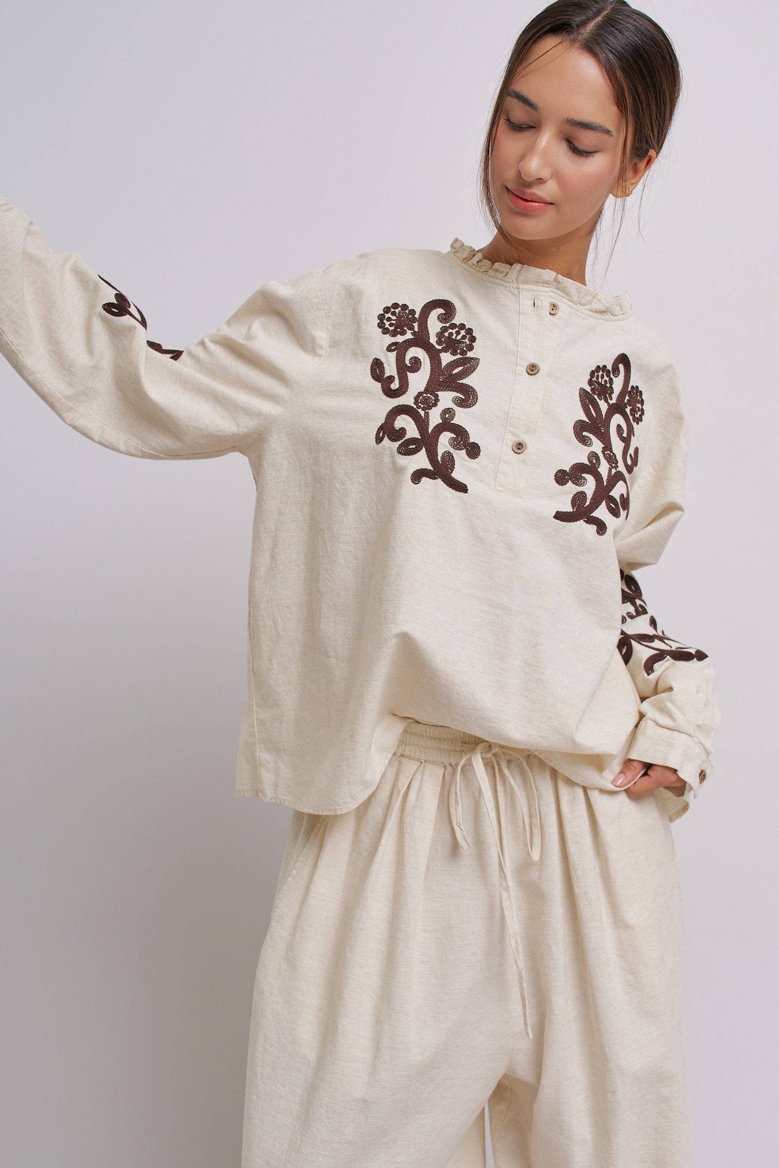 Embroidered Cotton Linen Blouse With Ruffle Collar