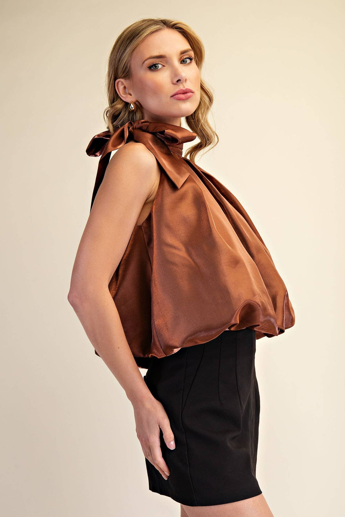 High Neck Tie Wrap Balloon Sleeveless Top