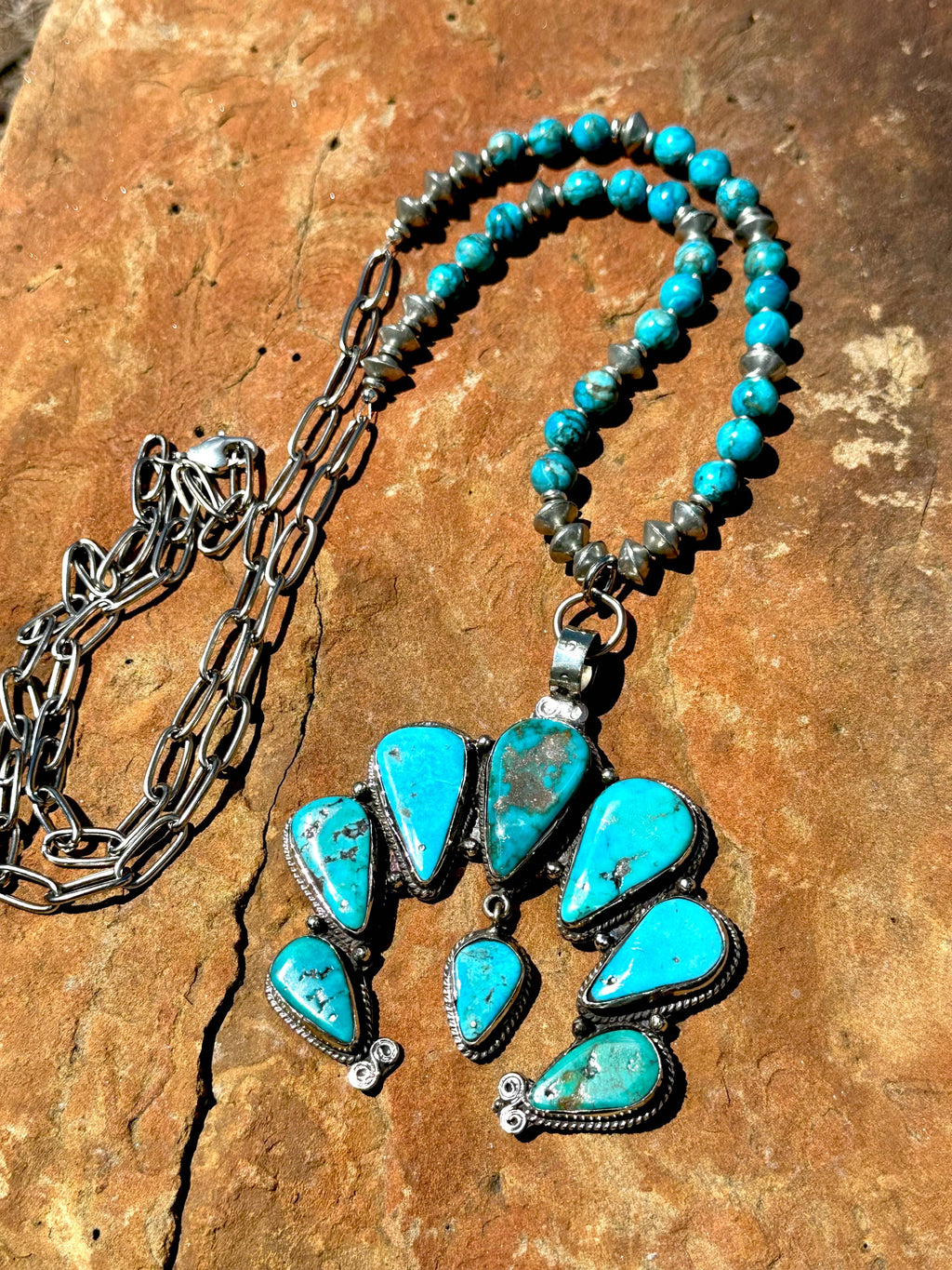 Adjustable Squash Blossom Necklace, Natural Blue Turquoise
