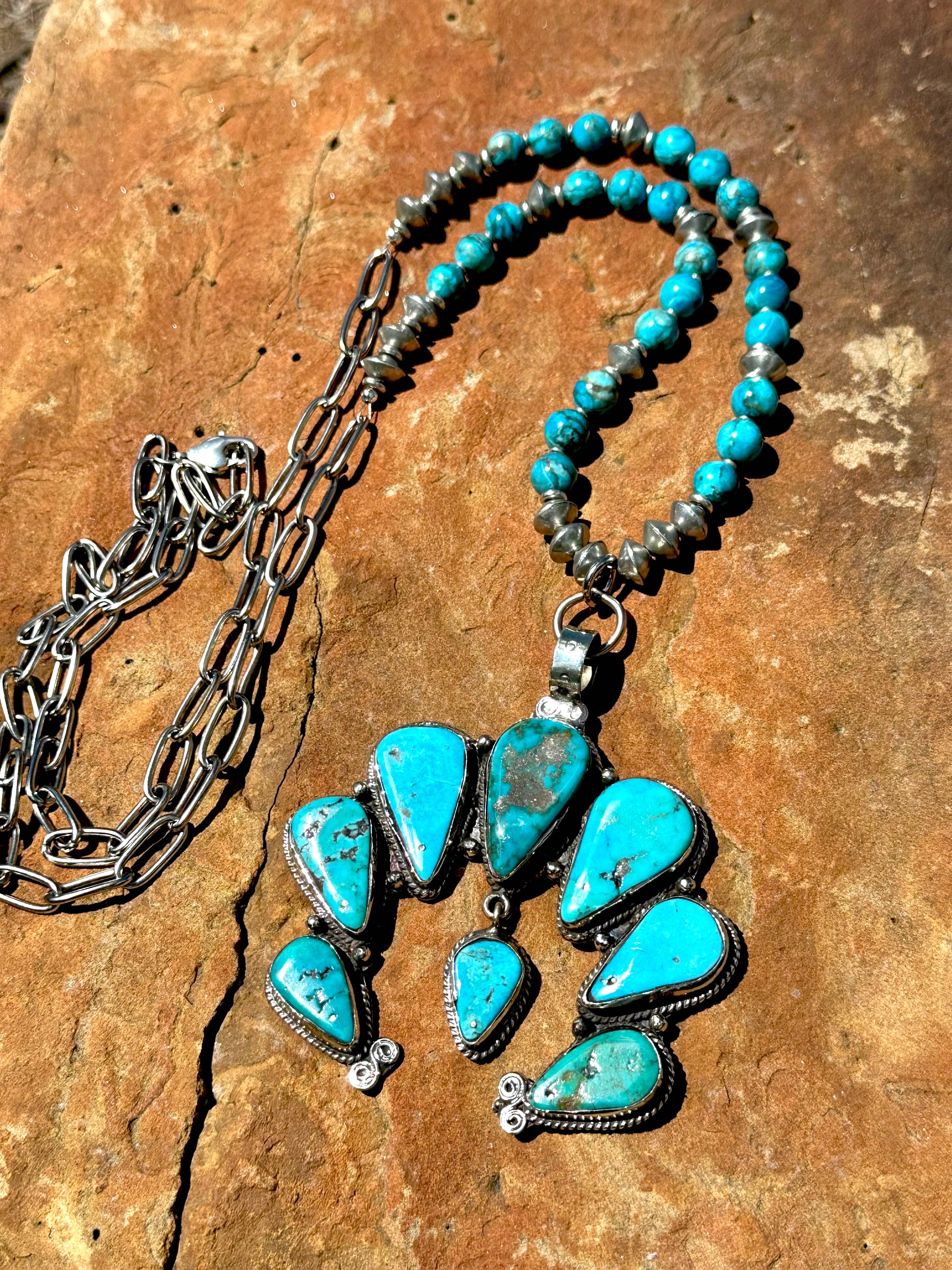 Adjustable Squash Blossom Necklace, Natural Blue Turquoise