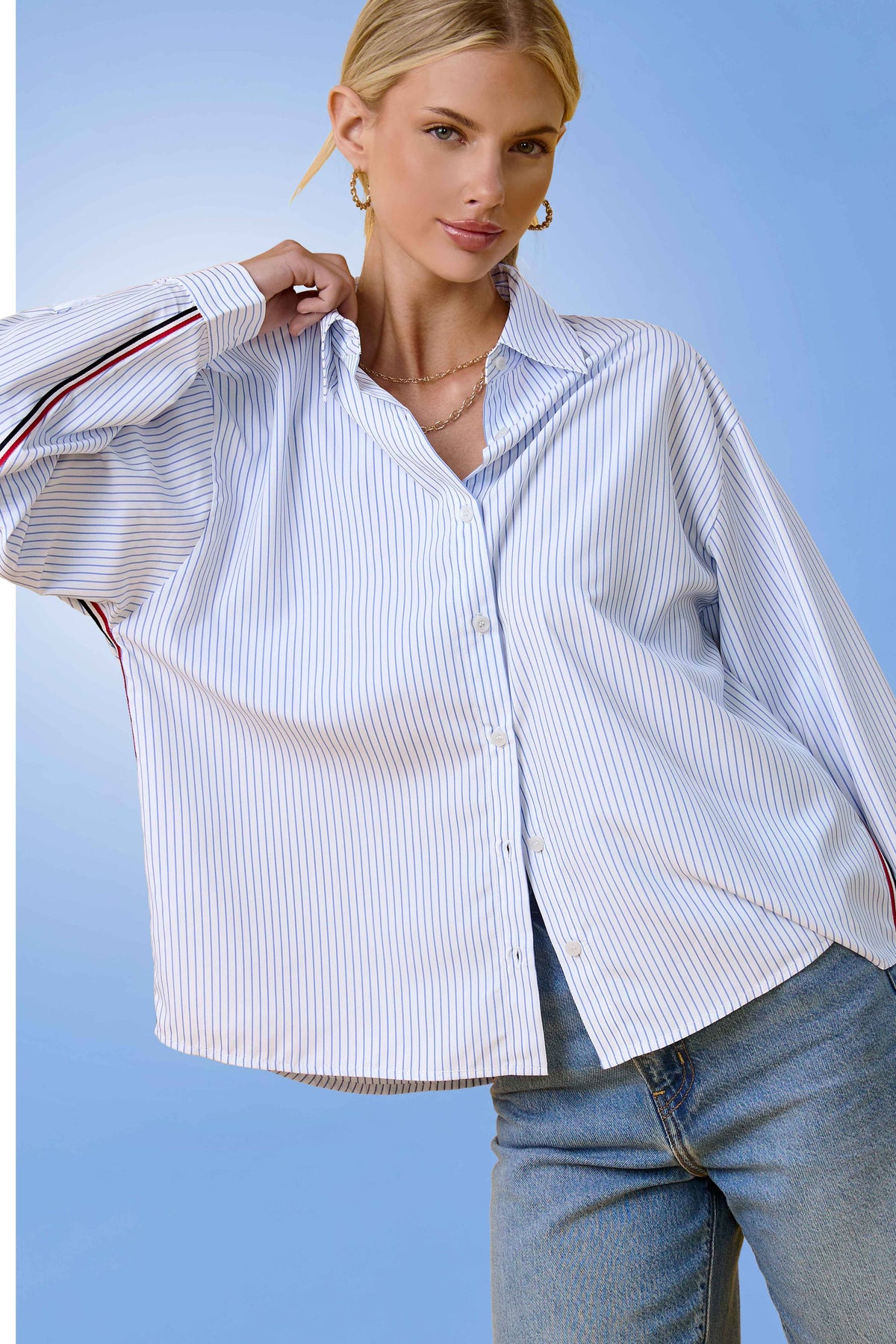 SRT7908-Stripe Button Down Shirt with Nautical Twill Tape
