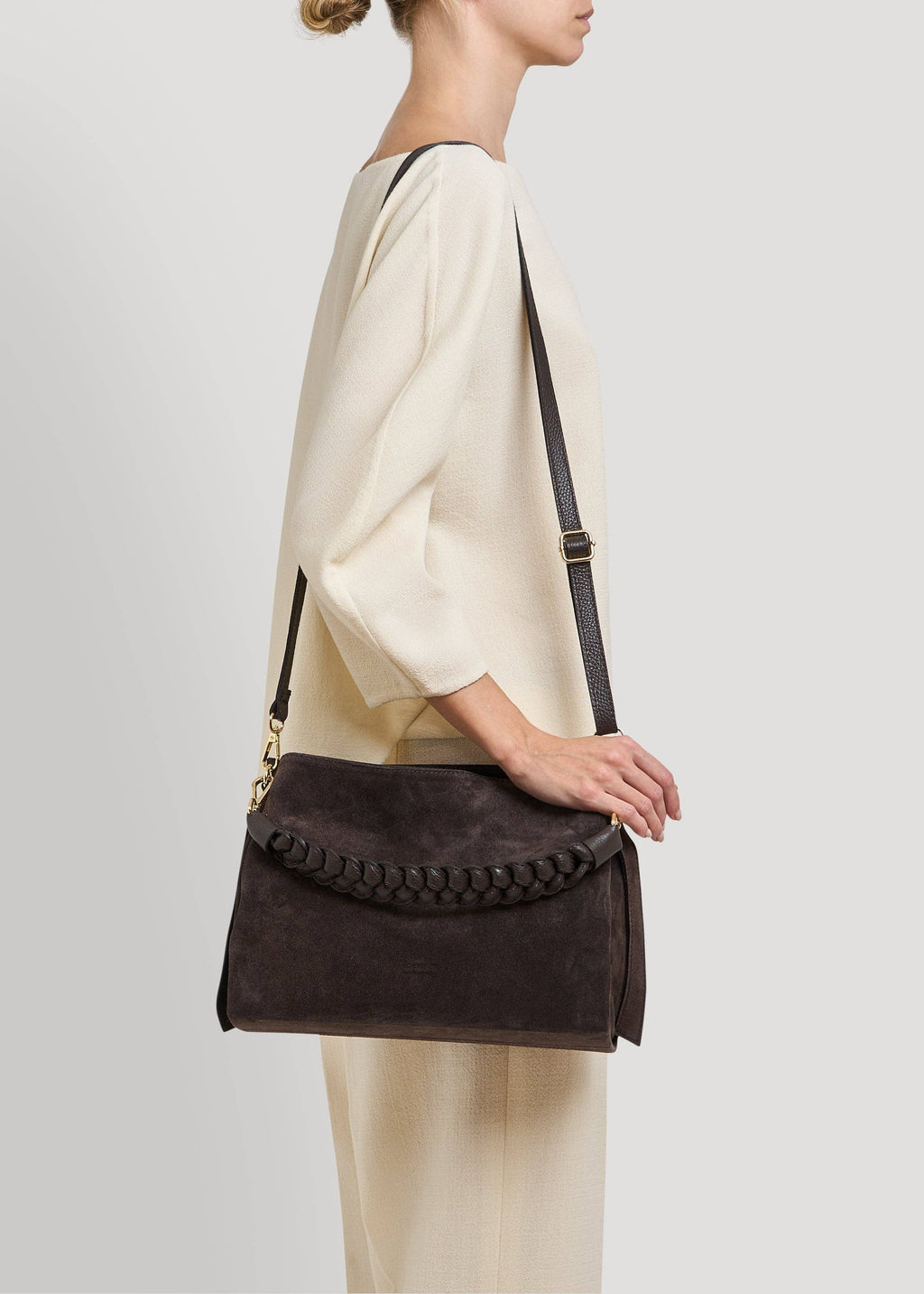 Braid Bag in Dark Brown Suede and Dollar Leather