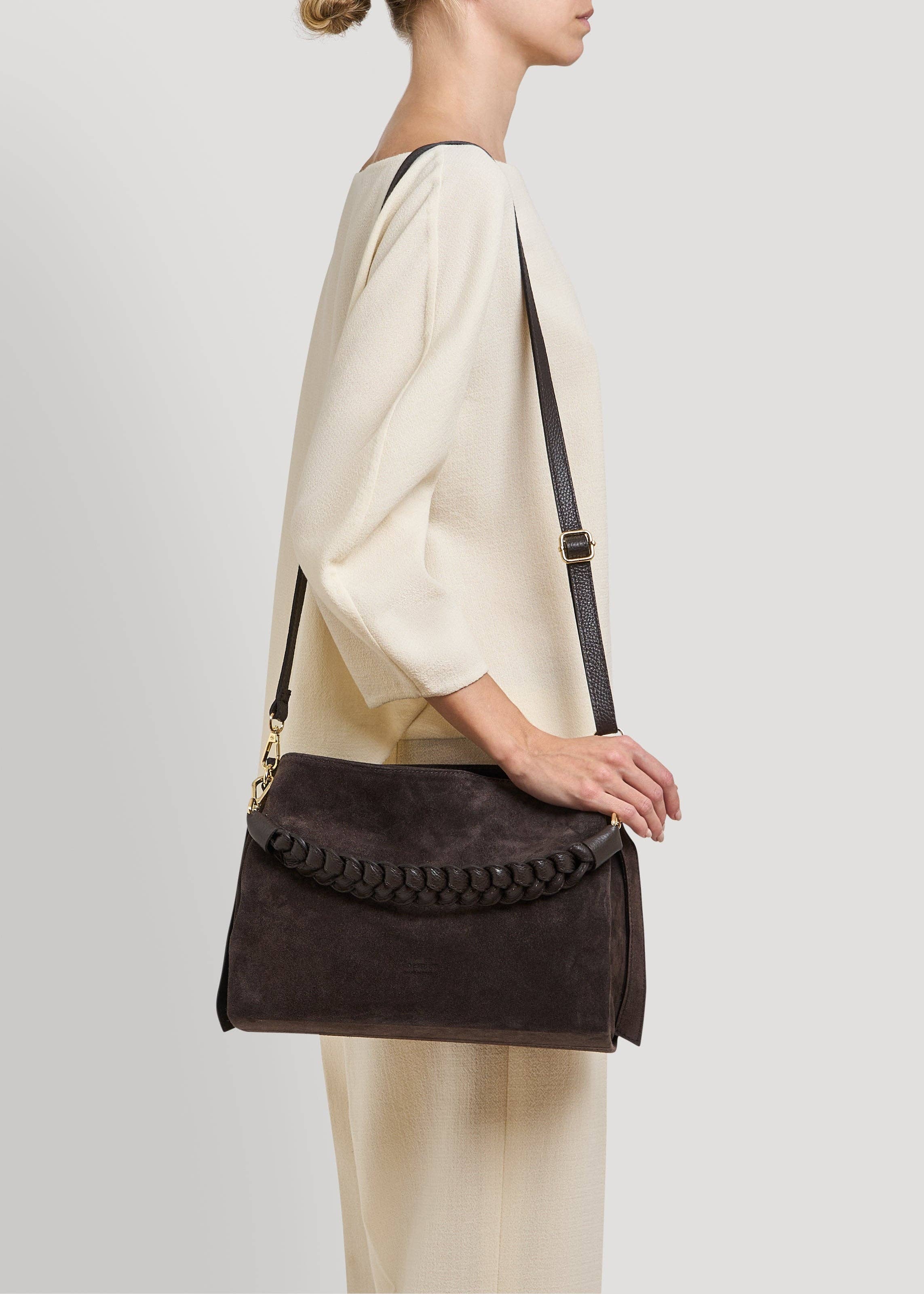 Braid Bag in Dark Brown Suede and Dollar Leather