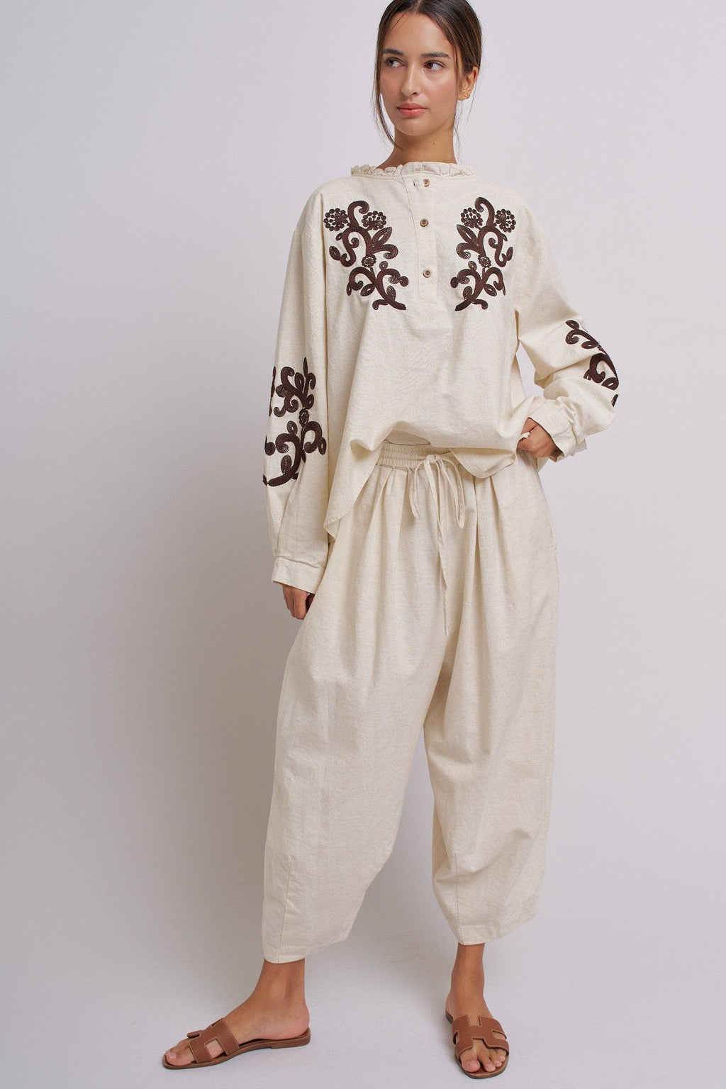 Embroidered Cotton Linen Blouse With Ruffle Collar