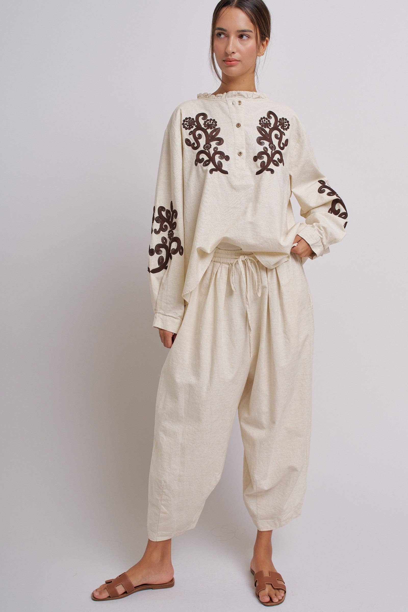 Embroidered Cotton Linen Blouse With Ruffle Collar