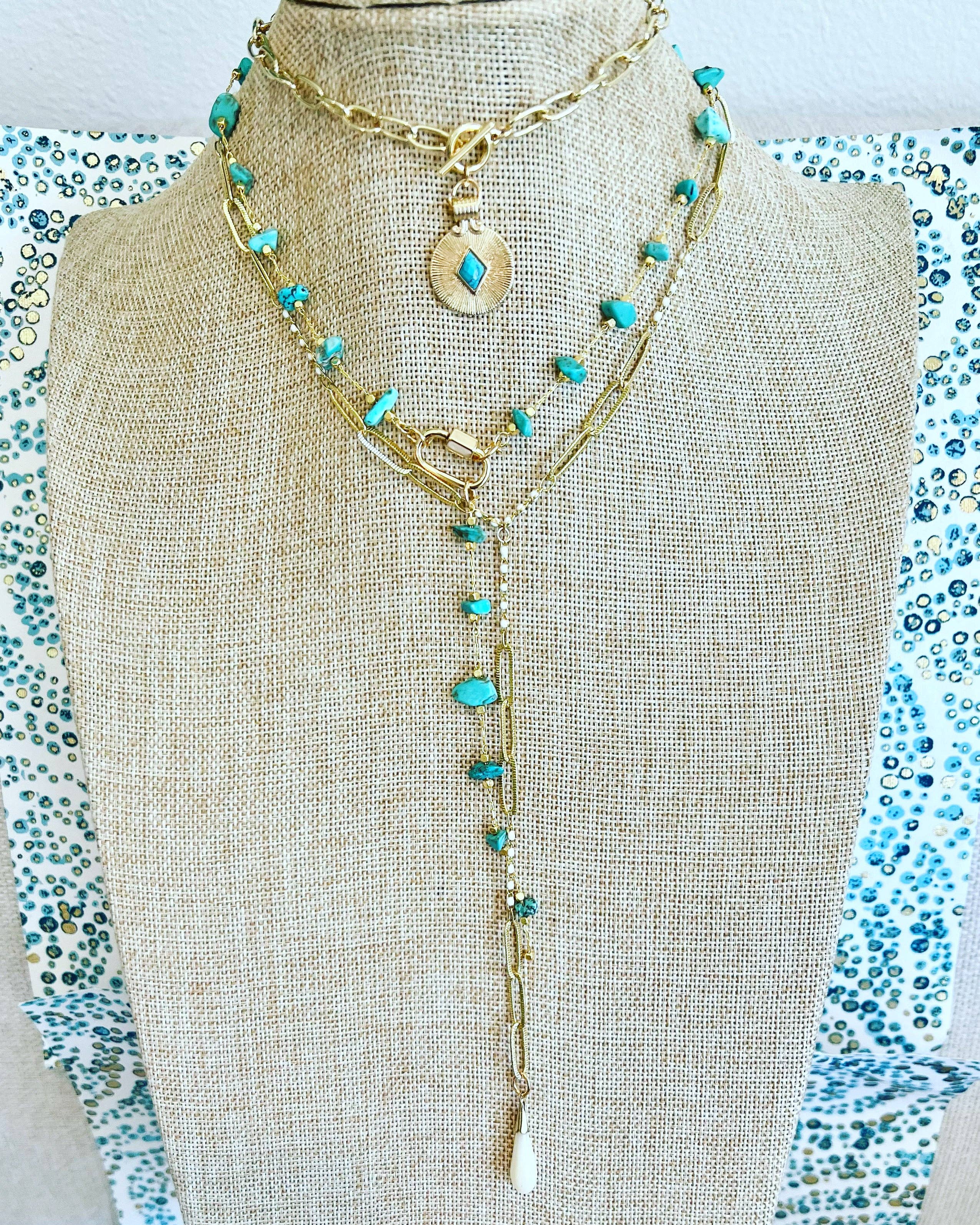 Turquoise Chip Bead Chain Lock Necklace 