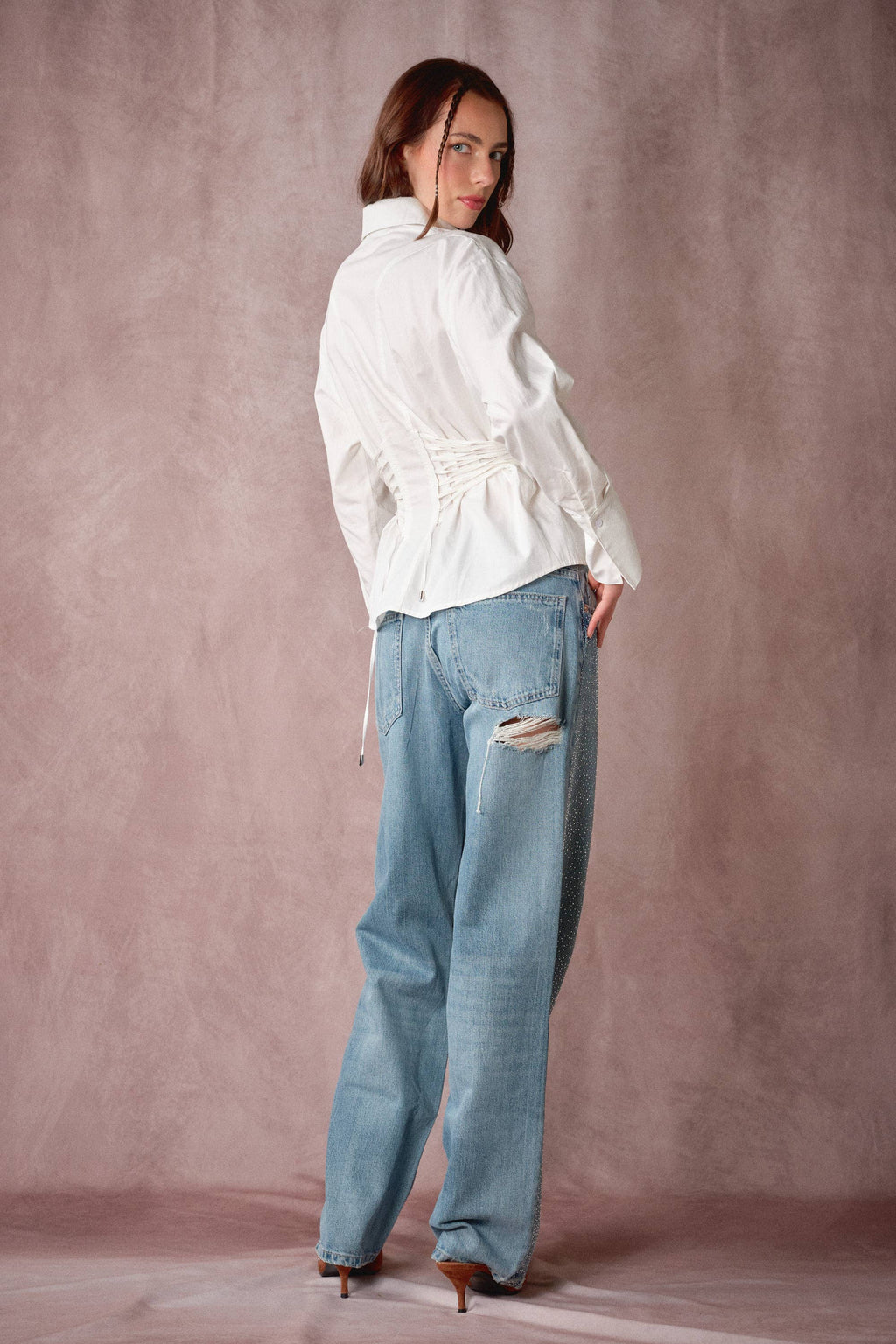 Beaded Embroidery Waist Tie Shirt