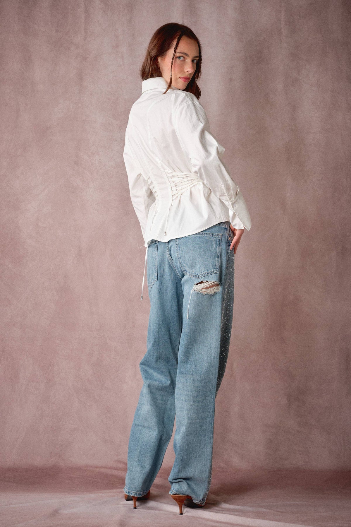 Beaded Embroidery Waist Tie Shirt