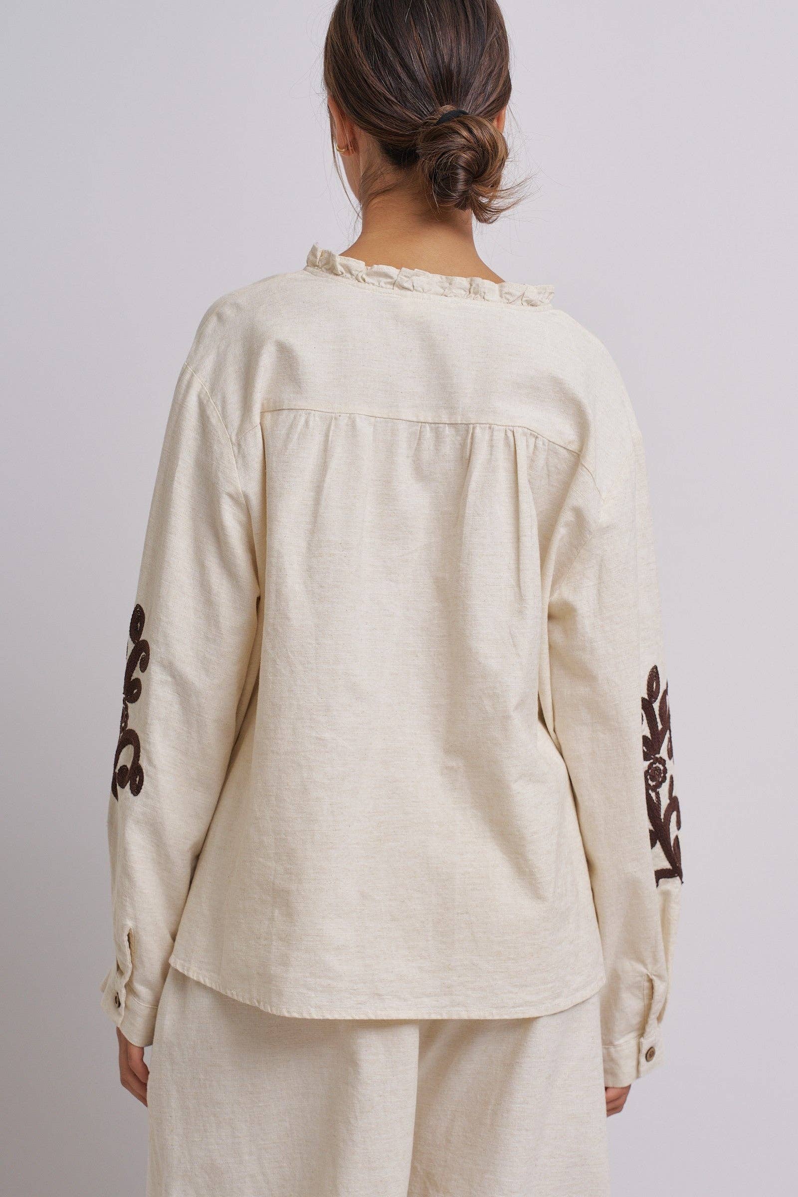 Embroidered Cotton Linen Blouse With Ruffle Collar