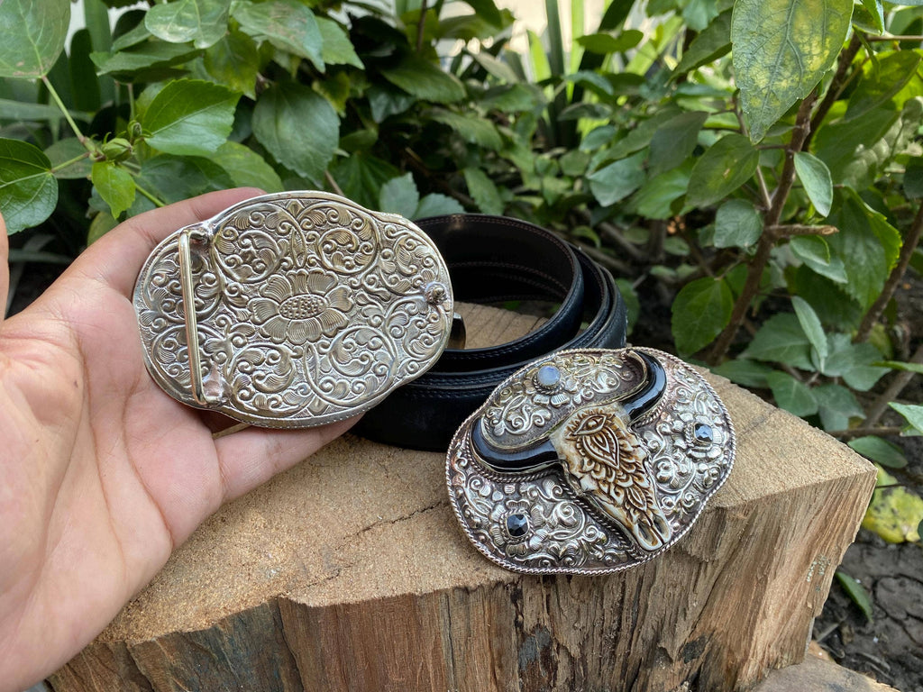 Tibetan Silver with Moonstone, Black Onyx, Buffalo Bone Belt Buckle
