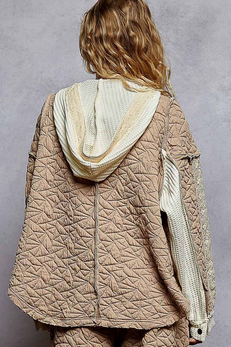Long sleeve solid stitch edge quilted woven hoodie top