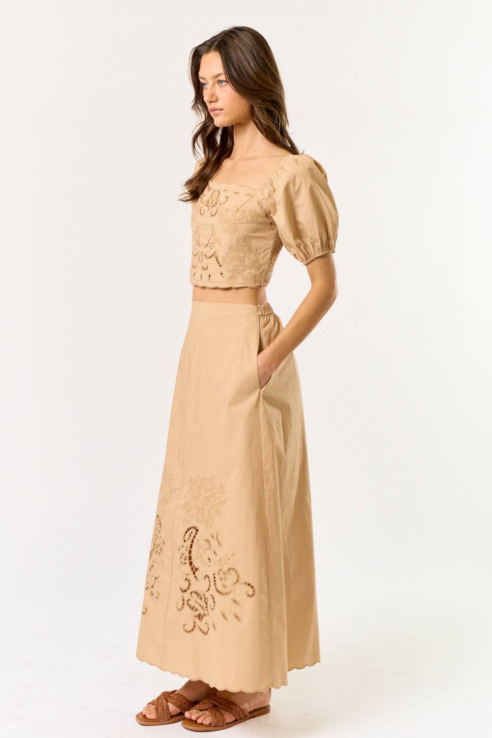 Puff Sleeve Embroidery Cropped Top & Skirt Set