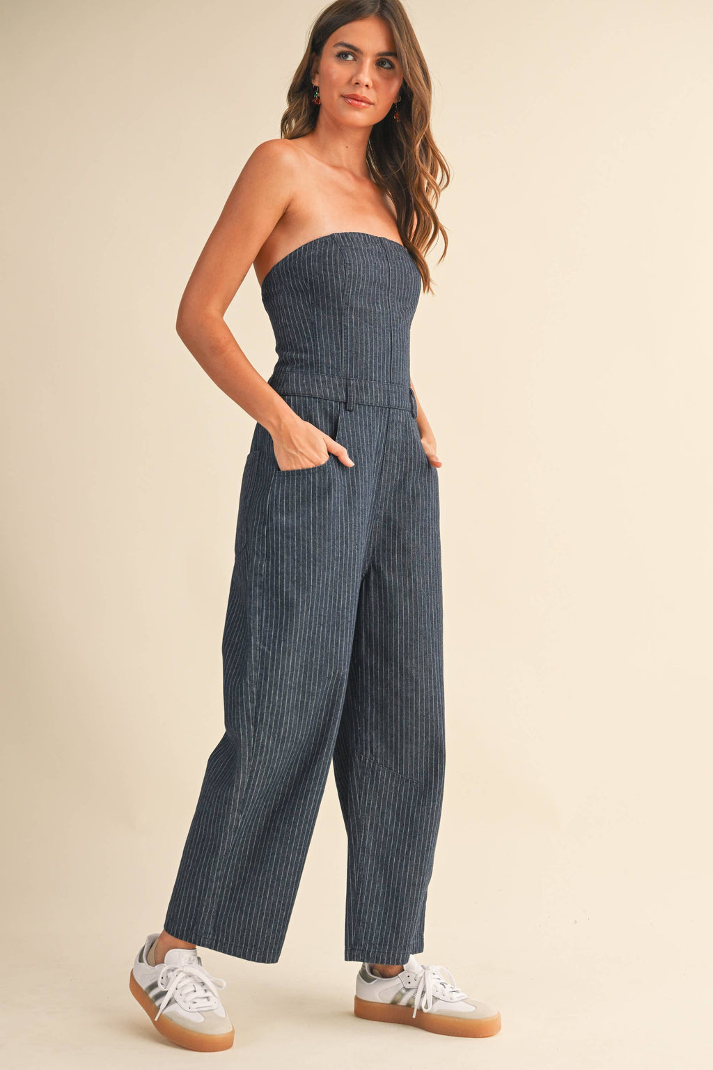 Pinstriped Strapless Barrel Pants Jumpsuit