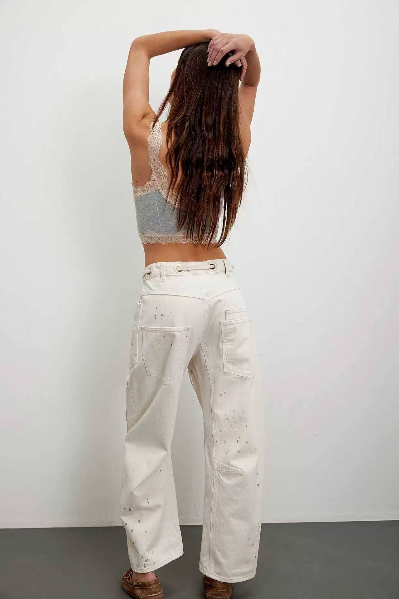 Braided drawstring patchwork barrel jeans