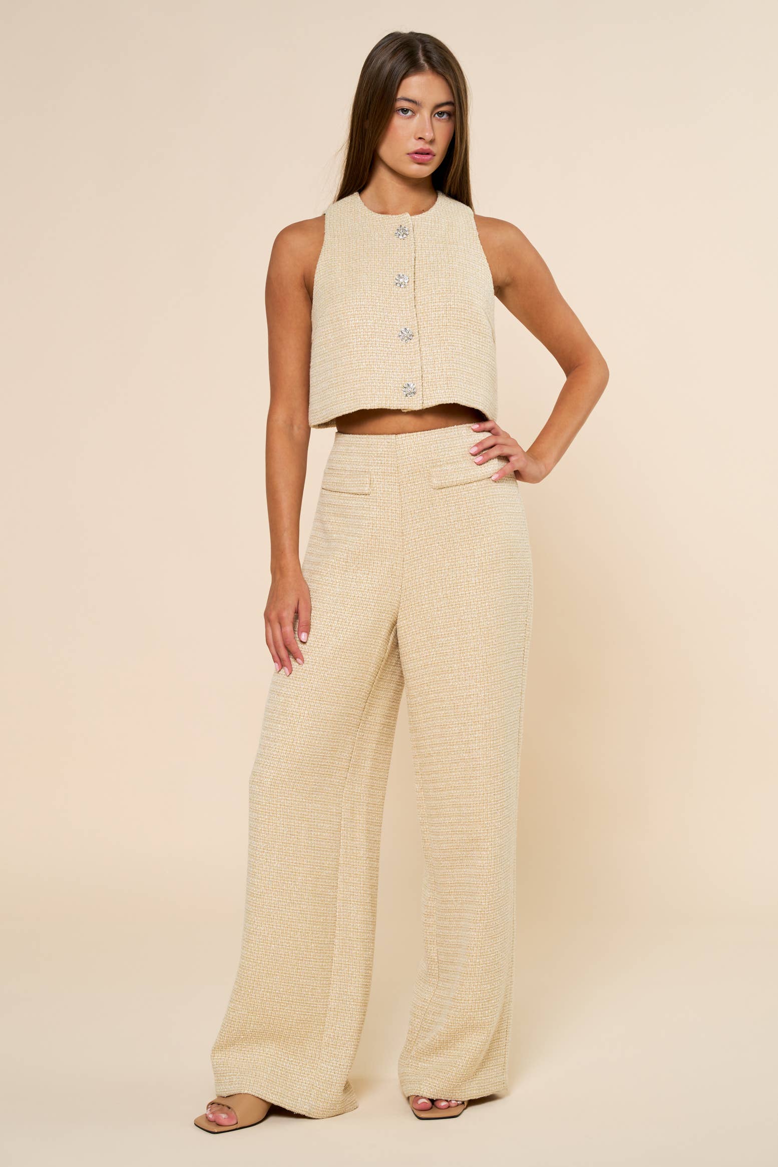 Sleeveless Tweed Cropped Top & Wide Leg Pants Set