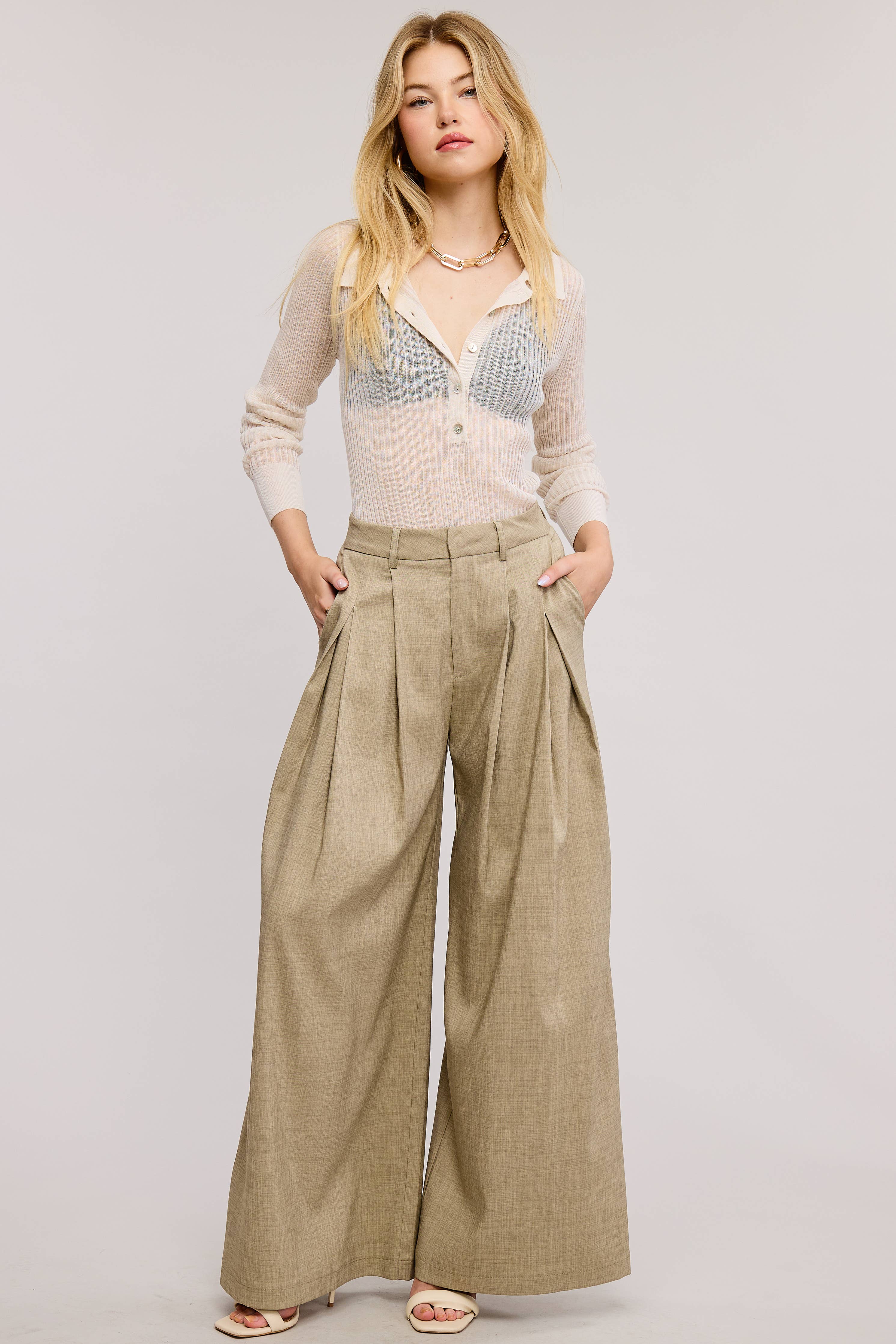 Trendy Low Waist  Wide Leg Pleated Trouser Pants