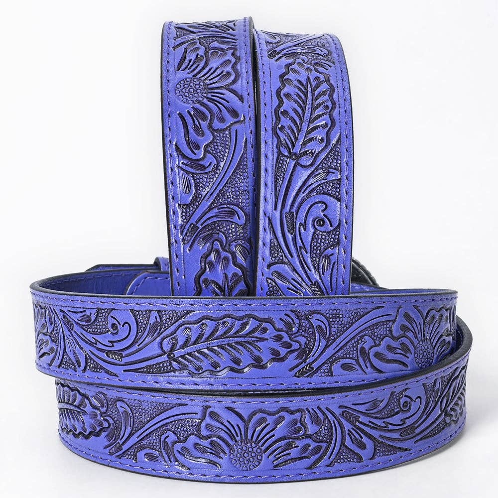 Game Day Hand-Tooled Purple Floral Leather Belt & Buckle