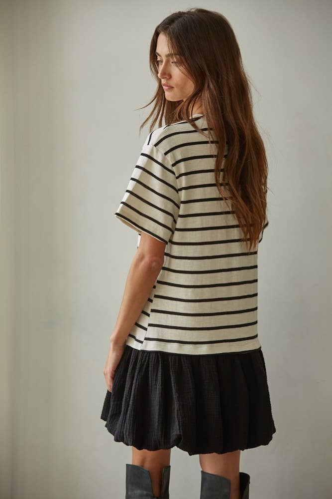 Knit Striped Crew Short Sleeve Mini Bubble Dress