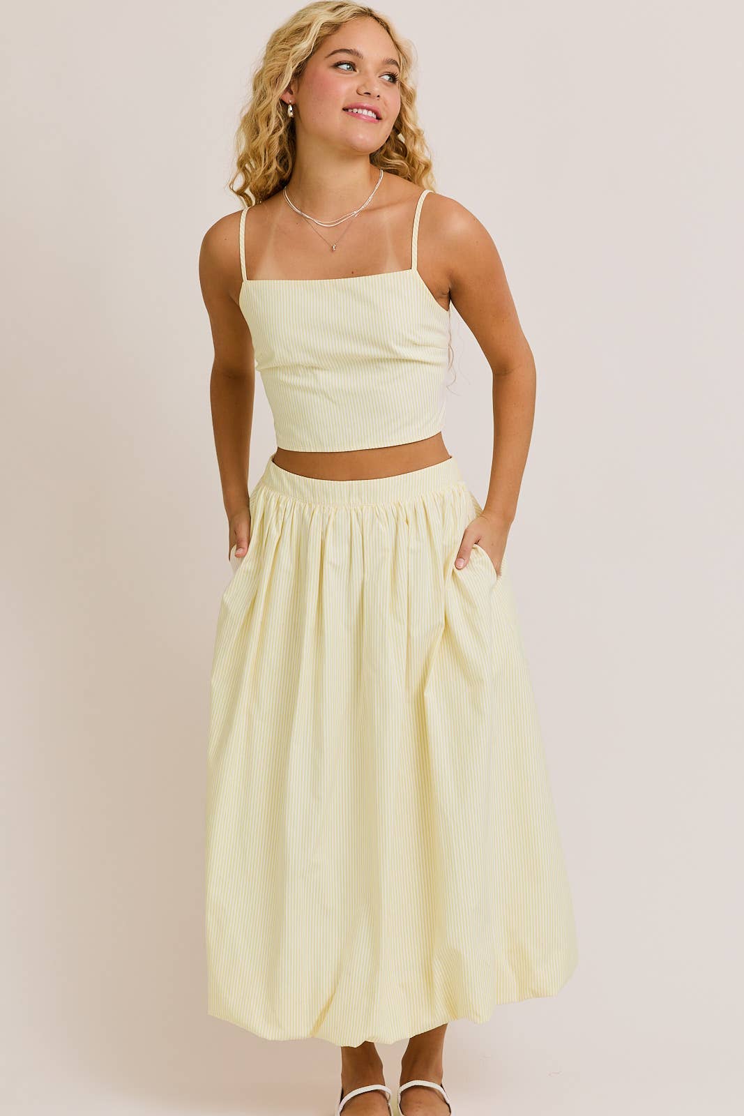 TOP AND BUBBLE HEM MIDI SKIRT (BLUE AND WHITE)