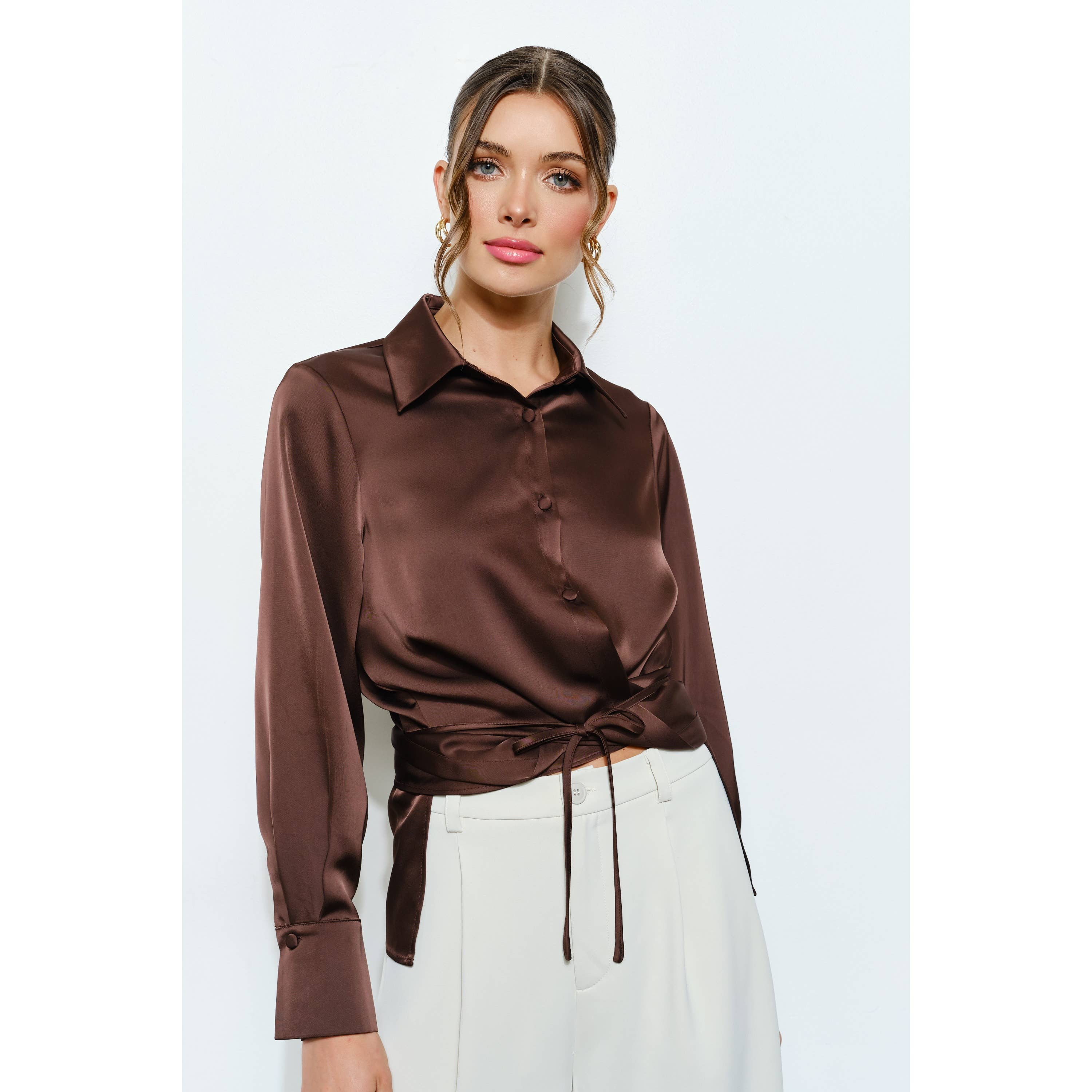 Long Sleeve Satin Wrap Waist Blouse