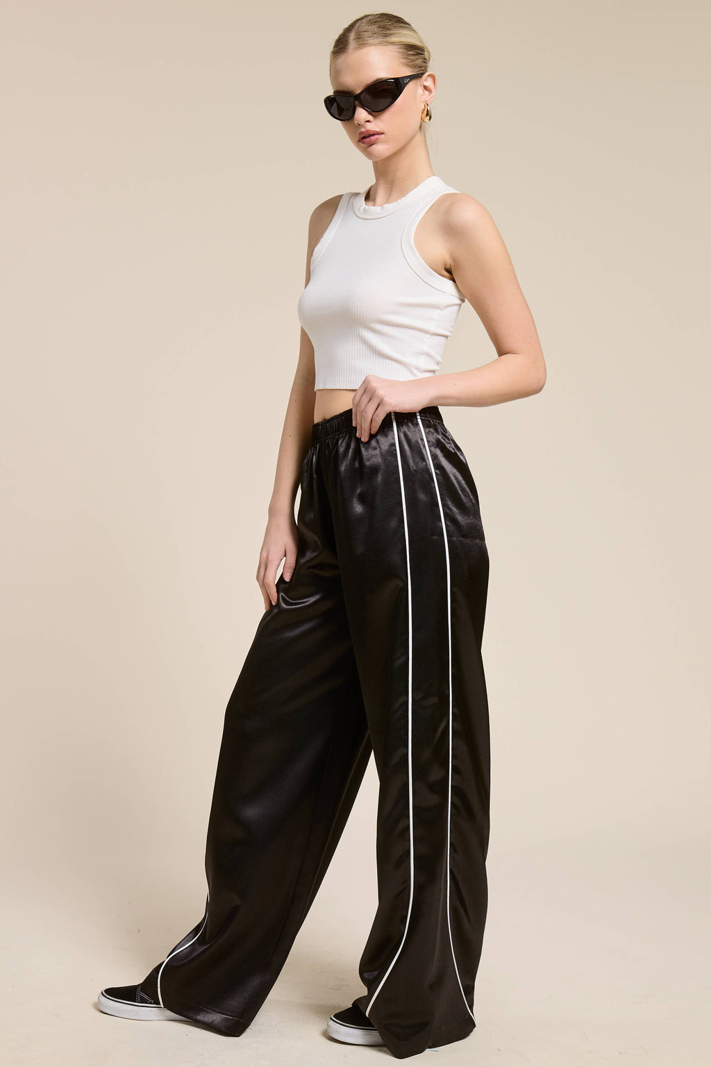 Satin Stripe Wide Leg Track Pants