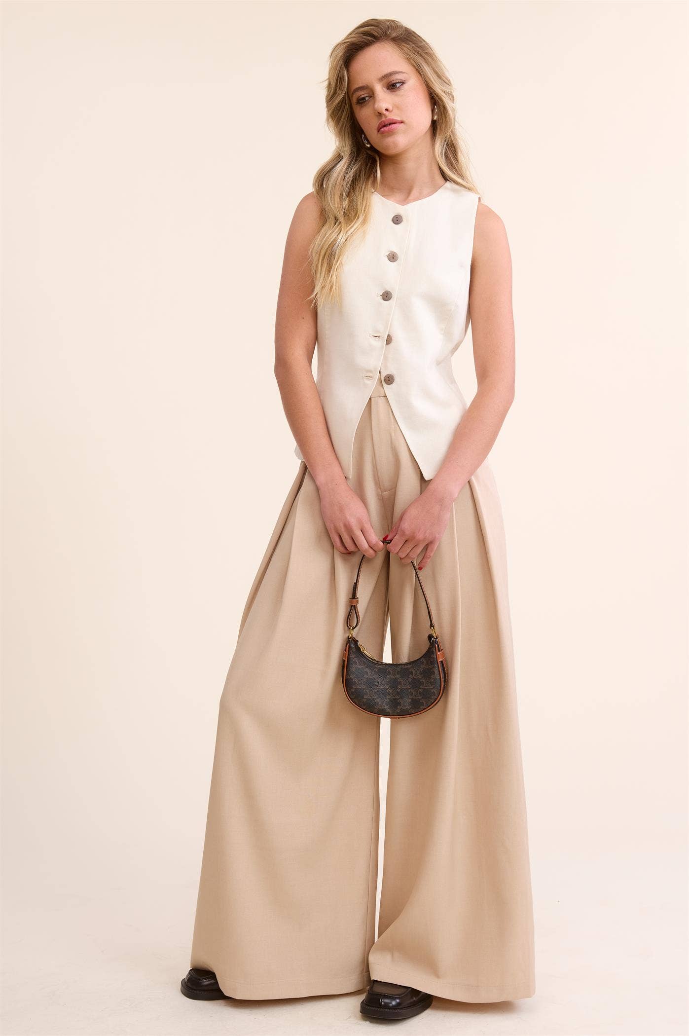 Trendy Low Waist  Wide Leg Pleated Trouser Pants