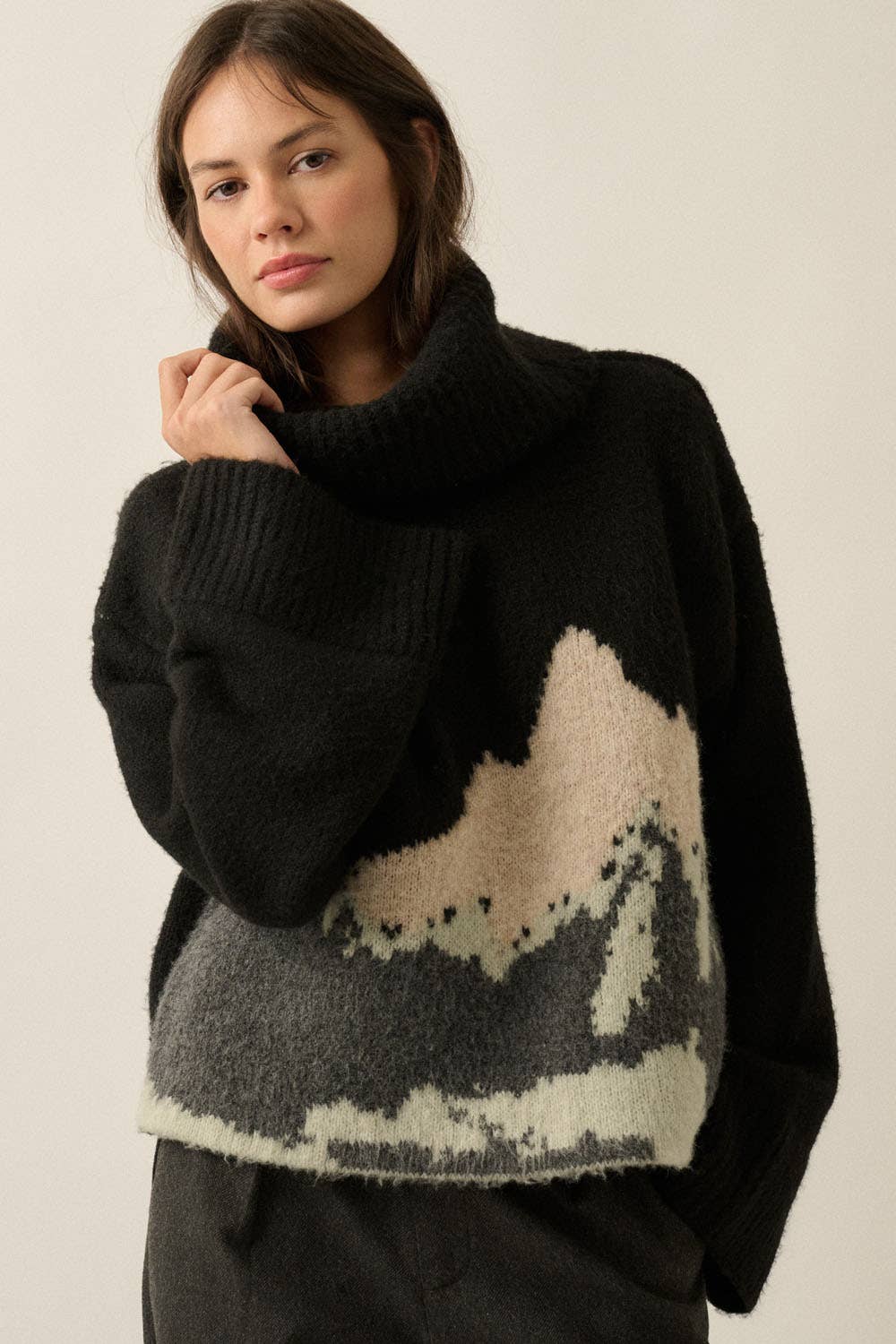 Mountains Fuzzy Jacquard-Knit Turtleneck Sweater