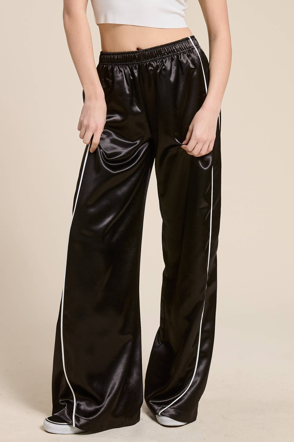 Satin Stripe Wide Leg Track Pants