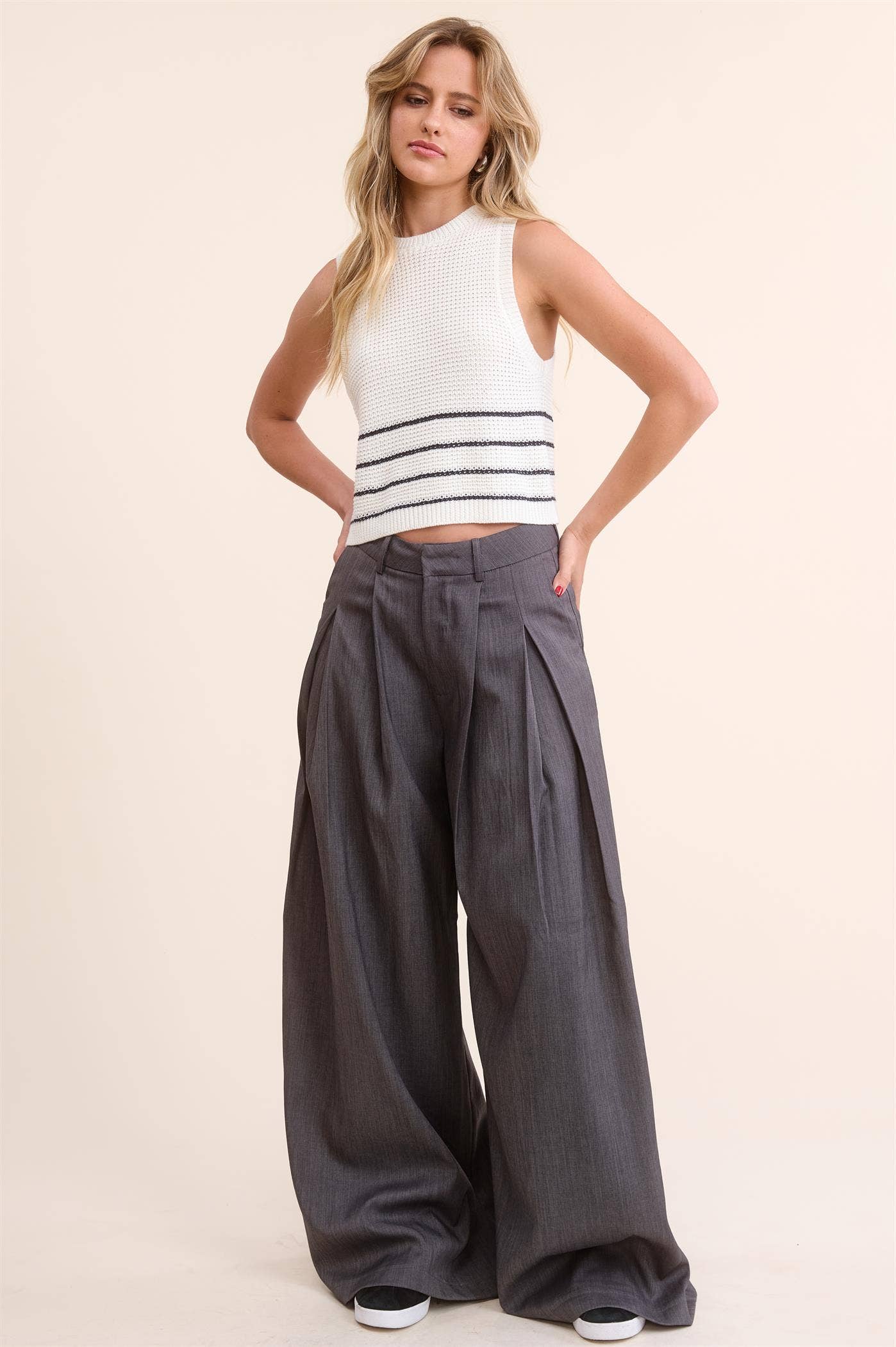Trendy Low Waist  Wide Leg Pleated Trouser Pants