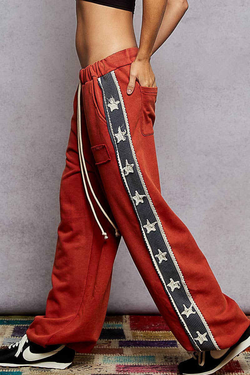 French terry striped patch trim star patch knit pants