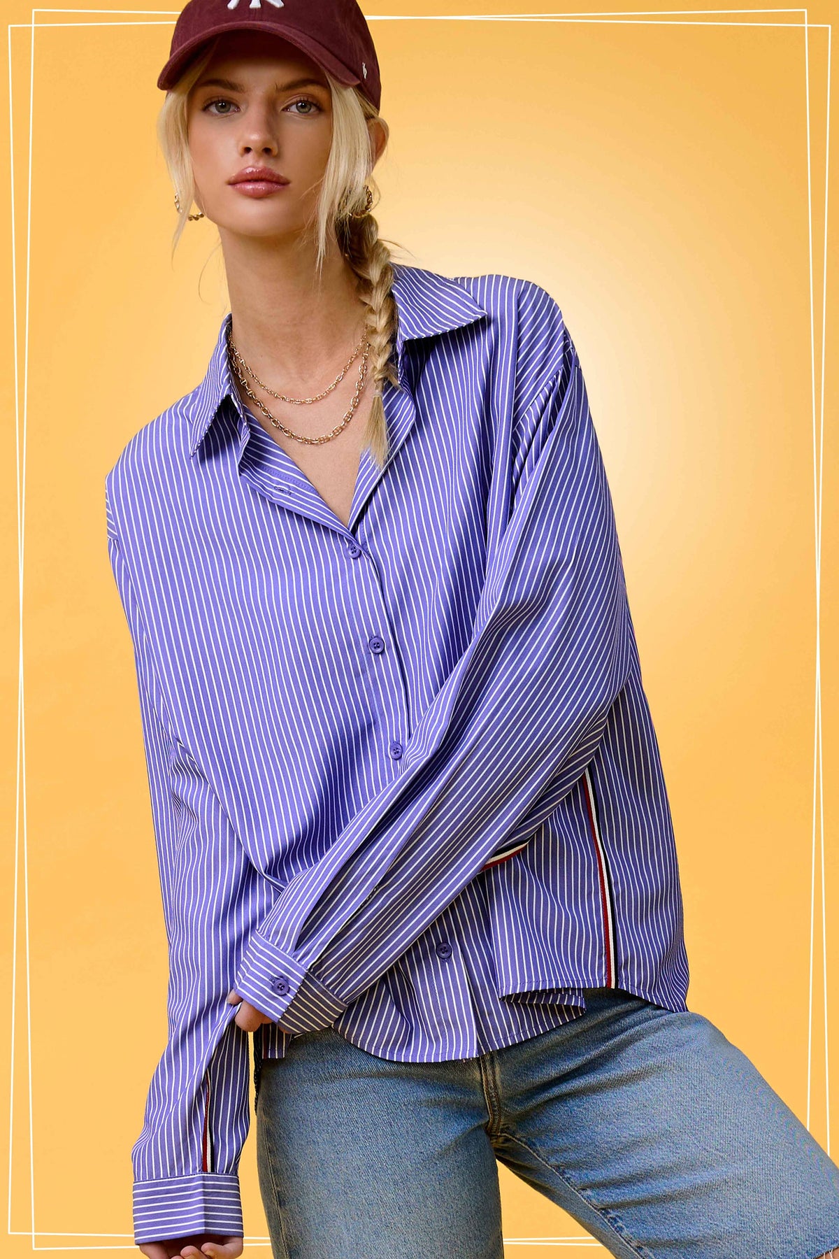 SRT7908-Stripe Button Down Shirt with Nautical Twill Tape