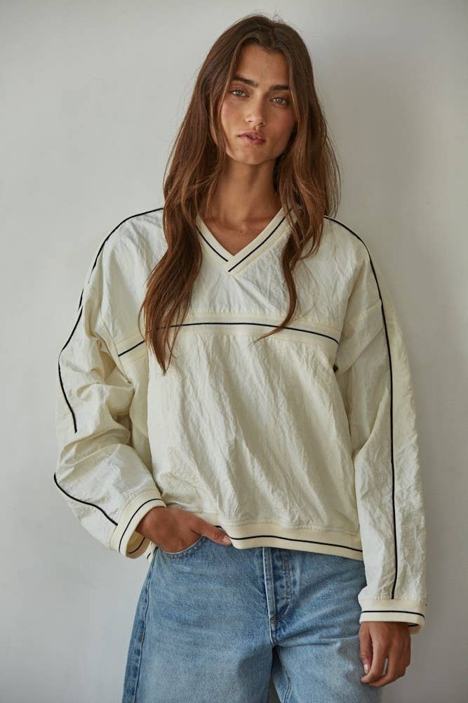 Wrinkled Texture V-Neck Long Sleeve Pull